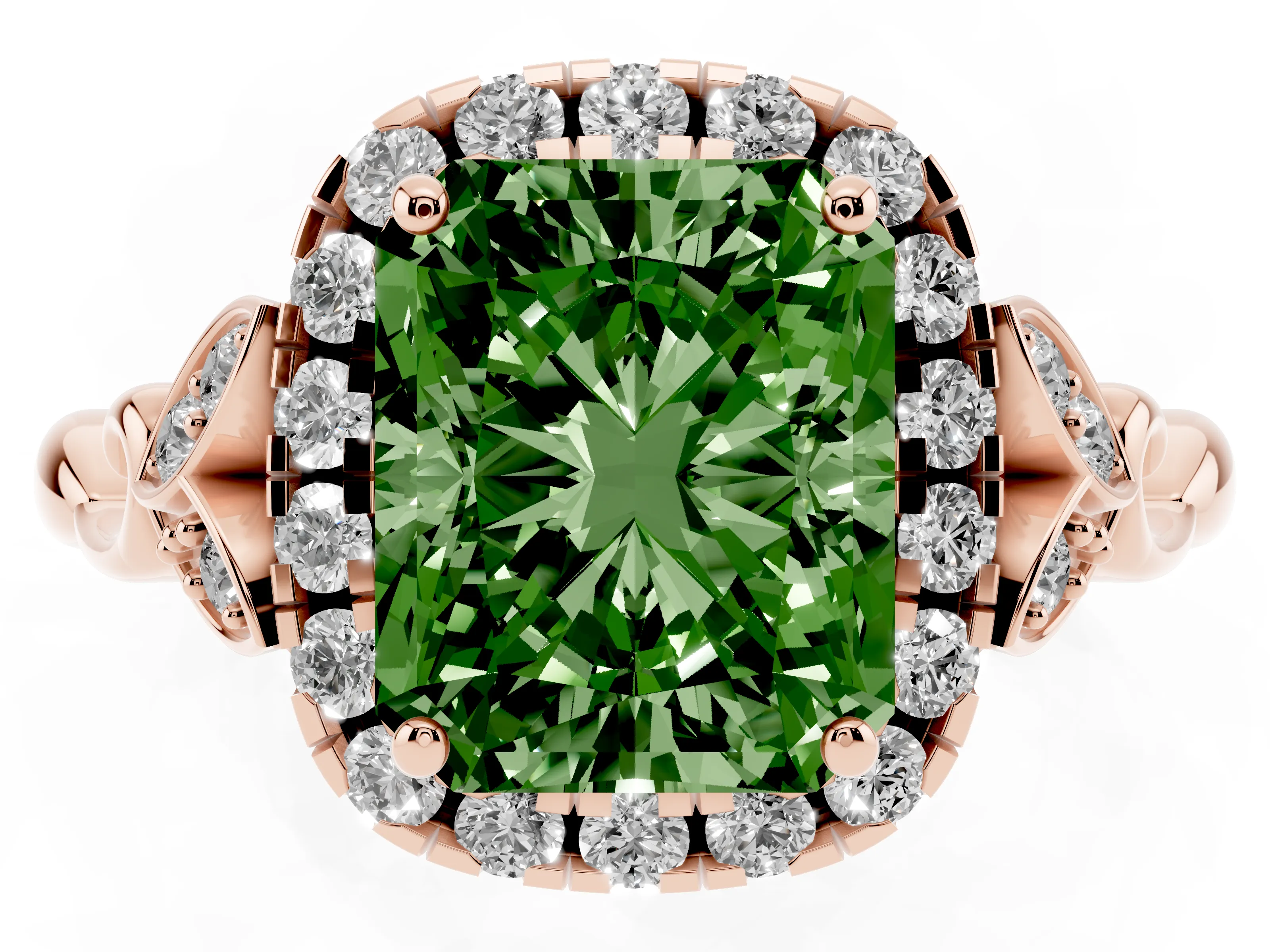 Fancy Green Radiant Cut Diamond Halo Engagement Ring Set in Rose gold with Vintage-Inspired Band and Prong Setting