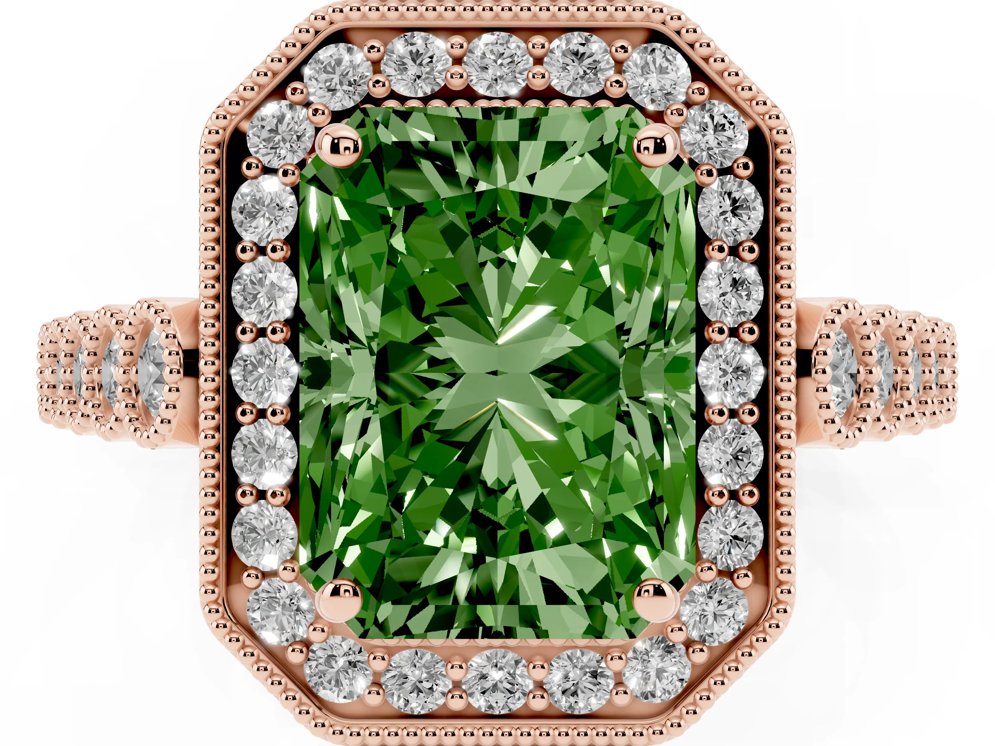 Fancy Green Radiant Cut Diamond Milgrain Halo Solitaire Ring Set in Rose gold with Bezel Set Side Stones and Pavé Band
