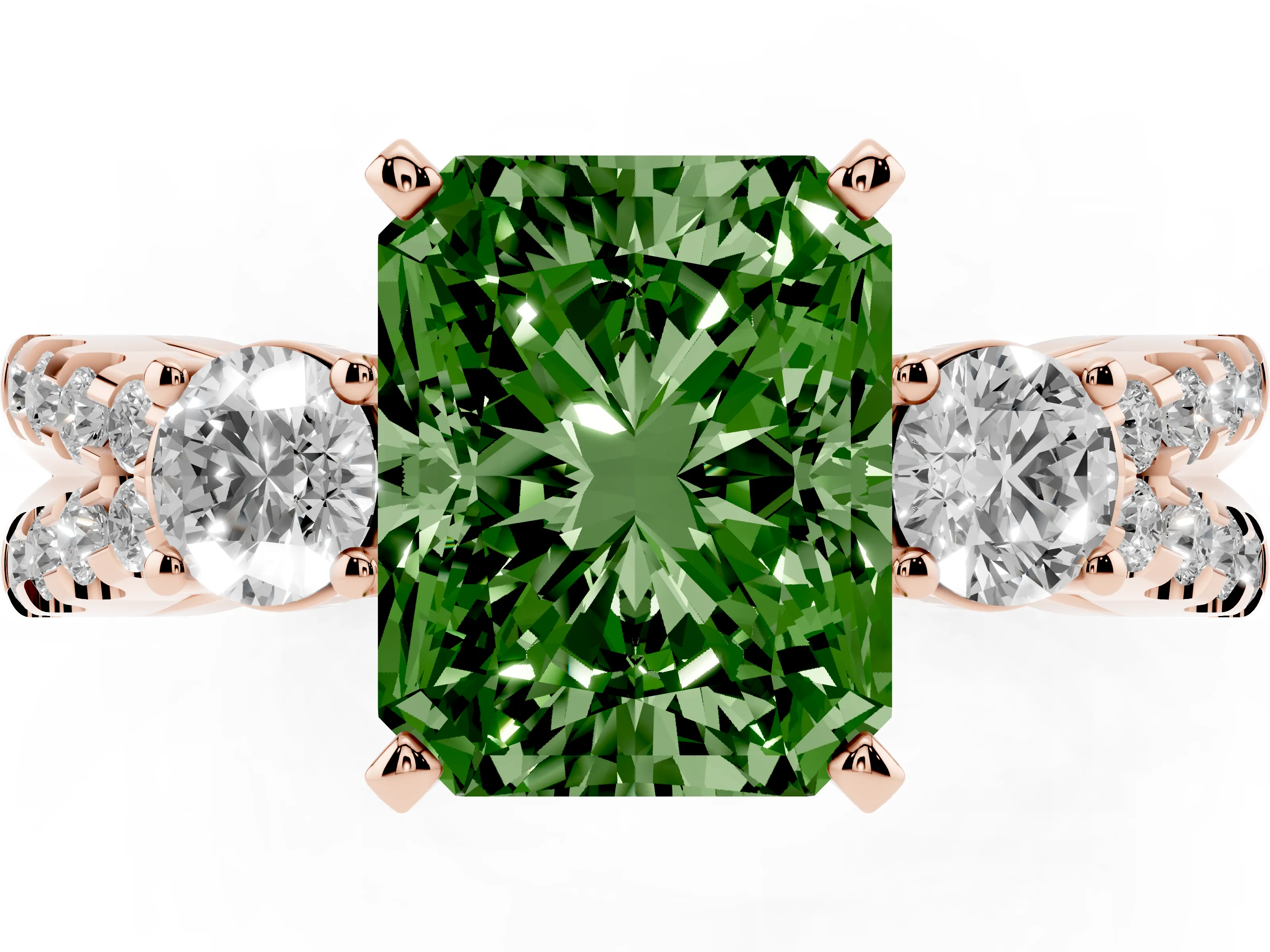 Fancy Green Radiant Cut Diamond Three-Stone Ring Set in Rose gold with Pavé Split Shank and Prong Setting