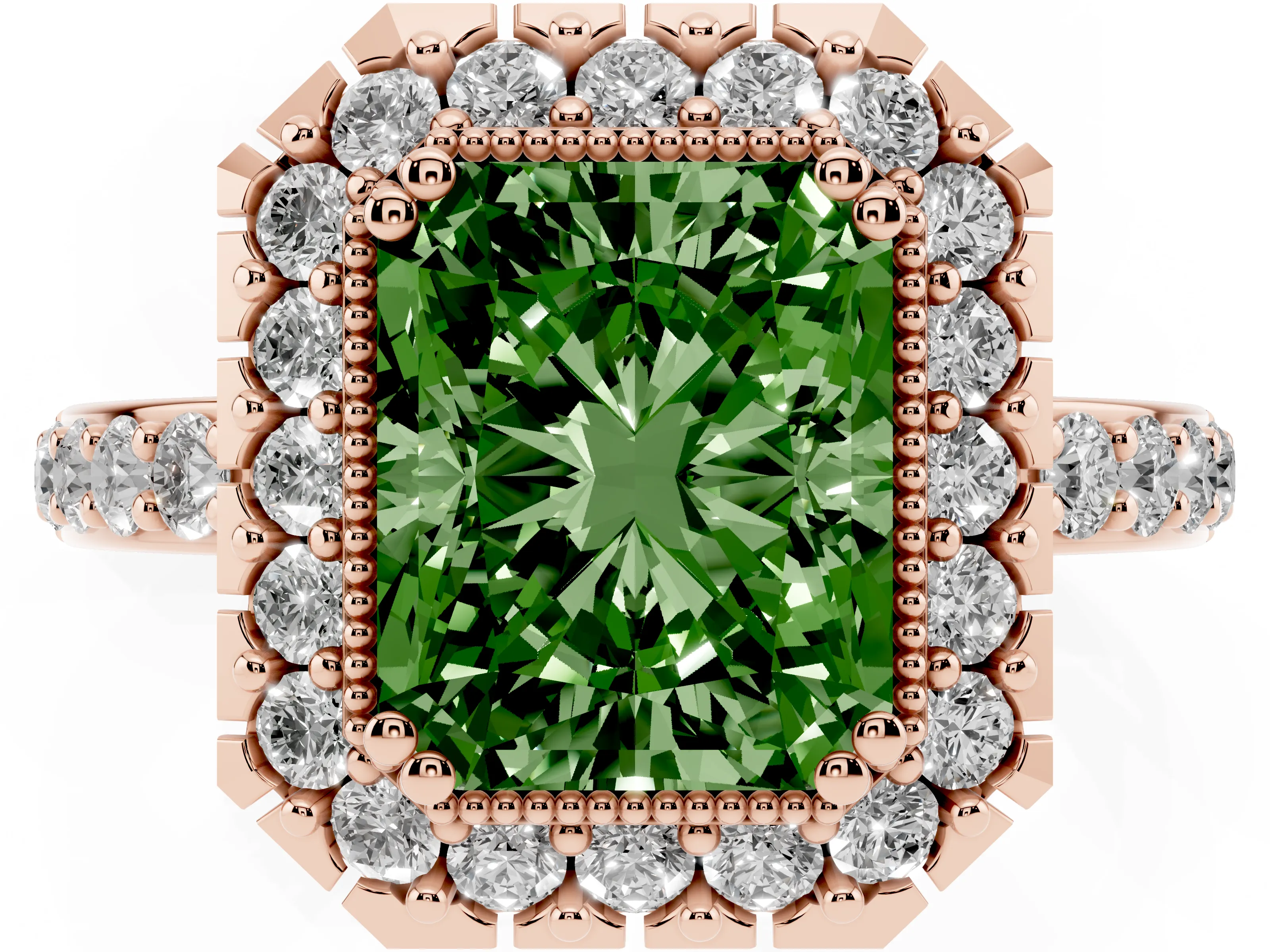 Fancy Green Radiant Cut Diamond Halo Ring Set in Rose gold with Pavé Shank and Prong Setting