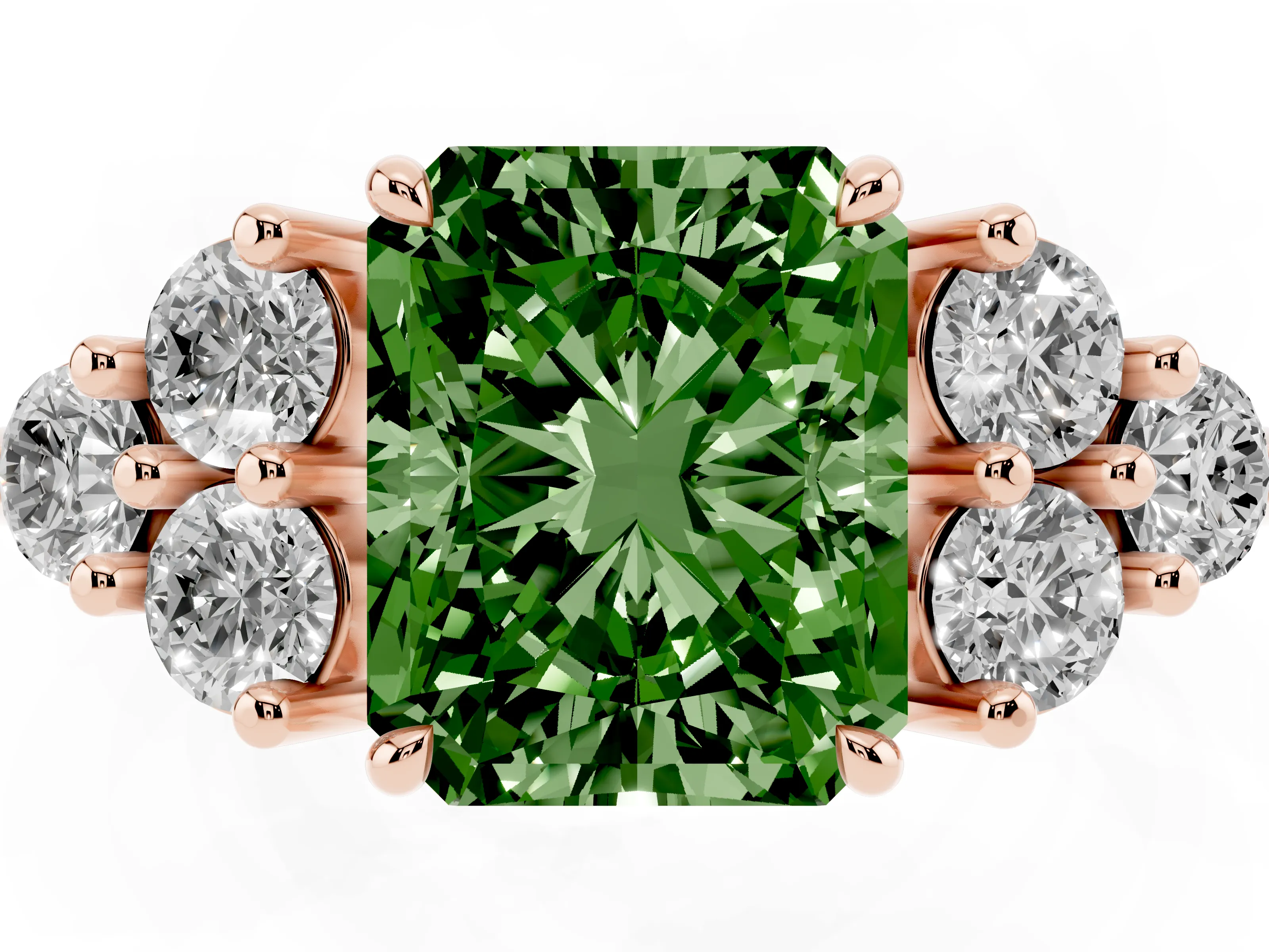 Fancy Green Radiant Cut Diamond Solitaire Ring Set in Rose gold with Cluster Accents on Each Side