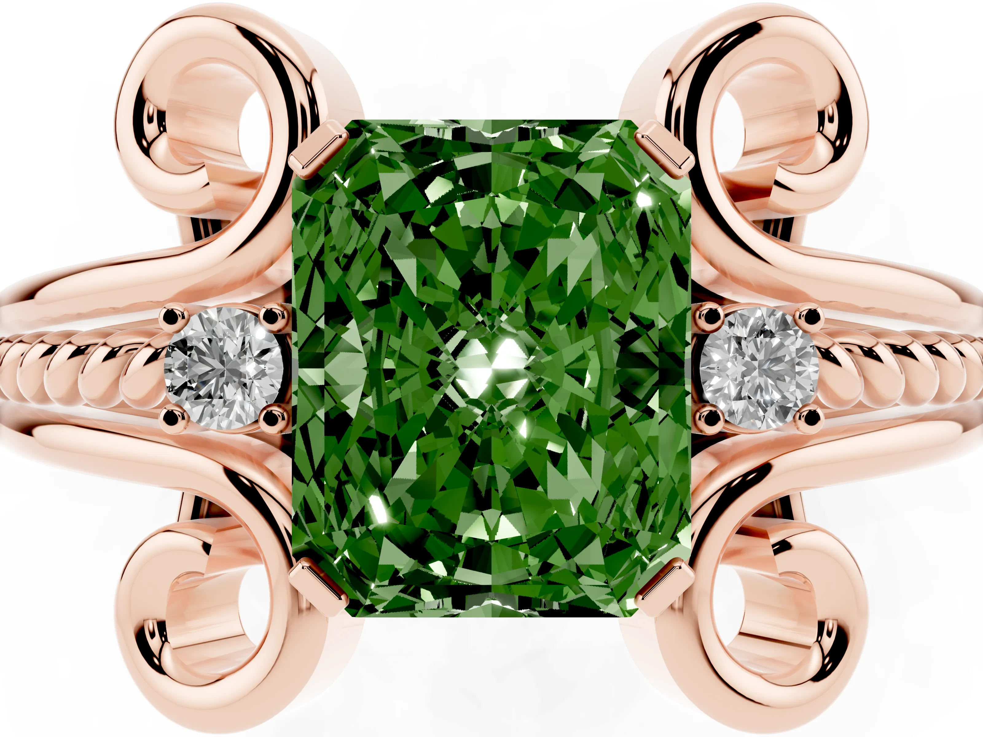 Fancy Green Radiant Cut Diamond Twisted Band Solitaire Ring Set in Rose gold with Scroll Prongs