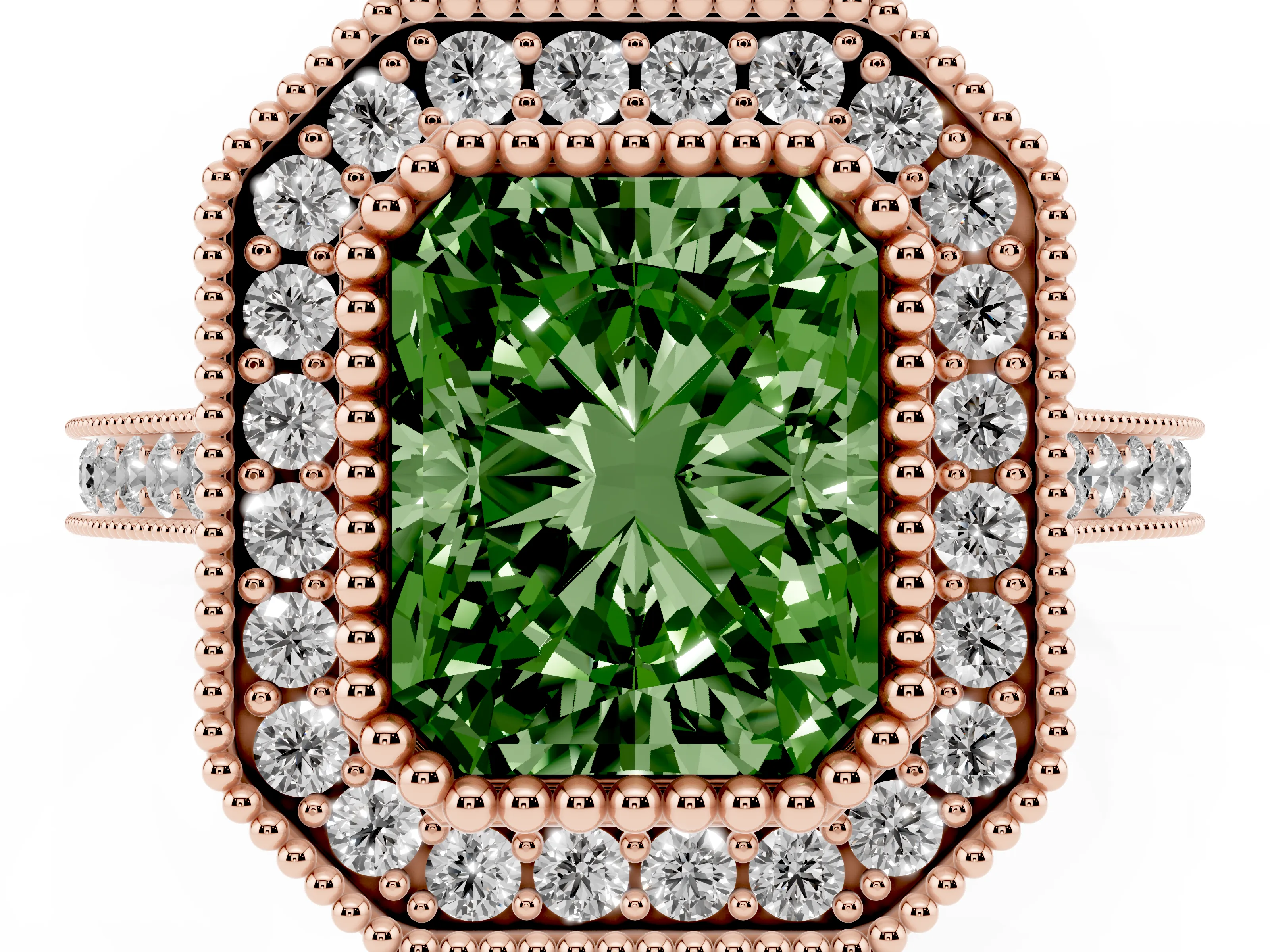 Fancy Green Radiant Cut Diamond Halo Ring Set in Rose gold with Milgrain Frame and Pavé Band