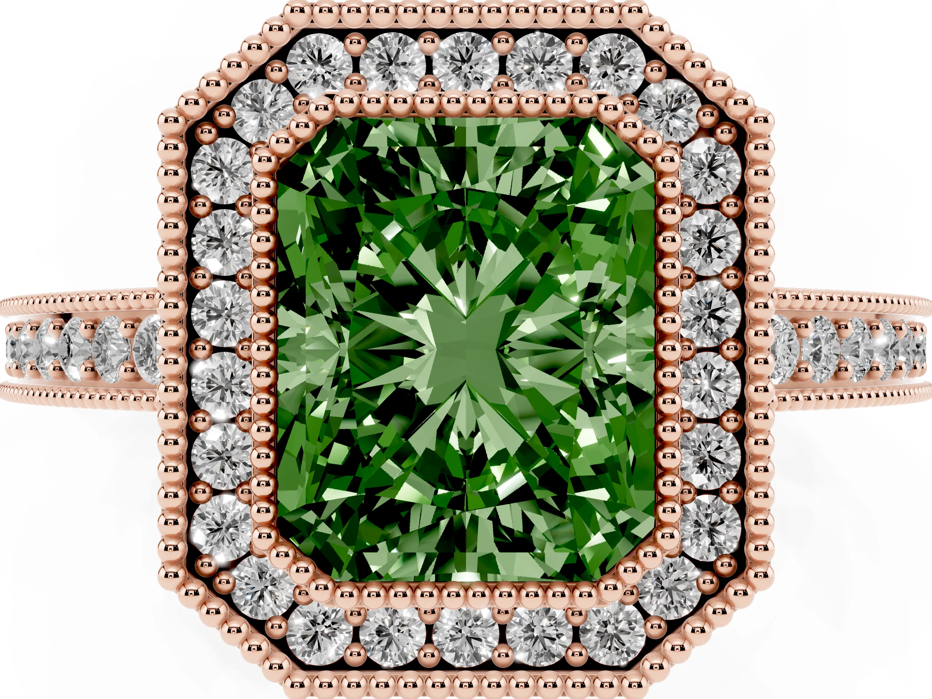 Fancy Green Radiant Cut Diamond Round Halo Ring Set in Rose gold with Pavé Band