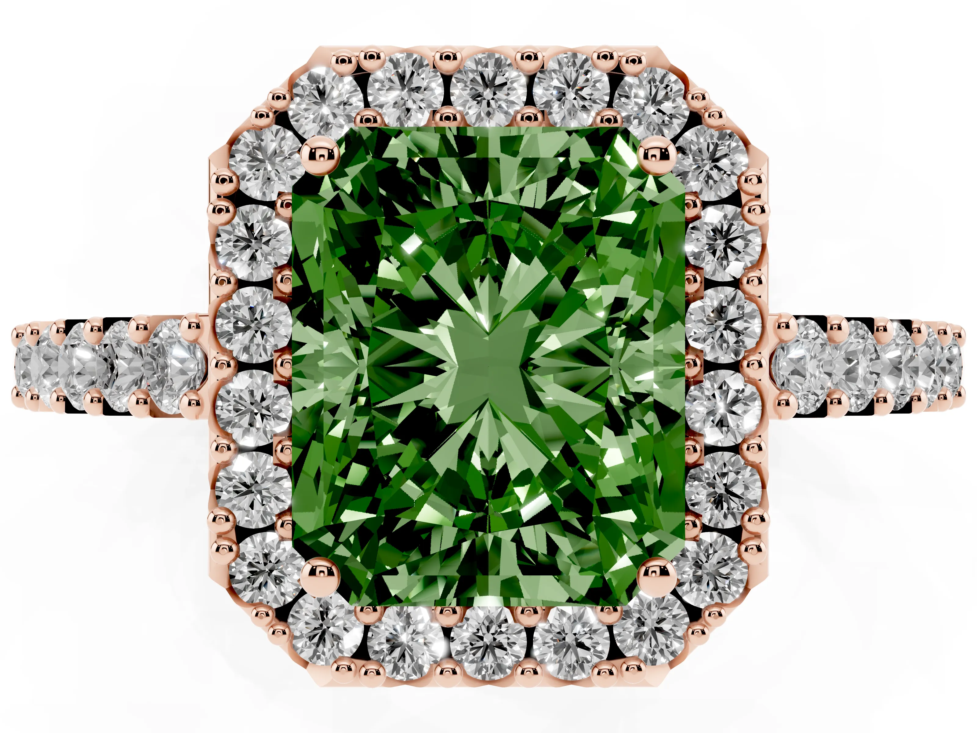 Fancy Green Radiant Cut Diamond Halo Pavé Solitaire Ring Set in Rose gold with Prong-Set Center Stone