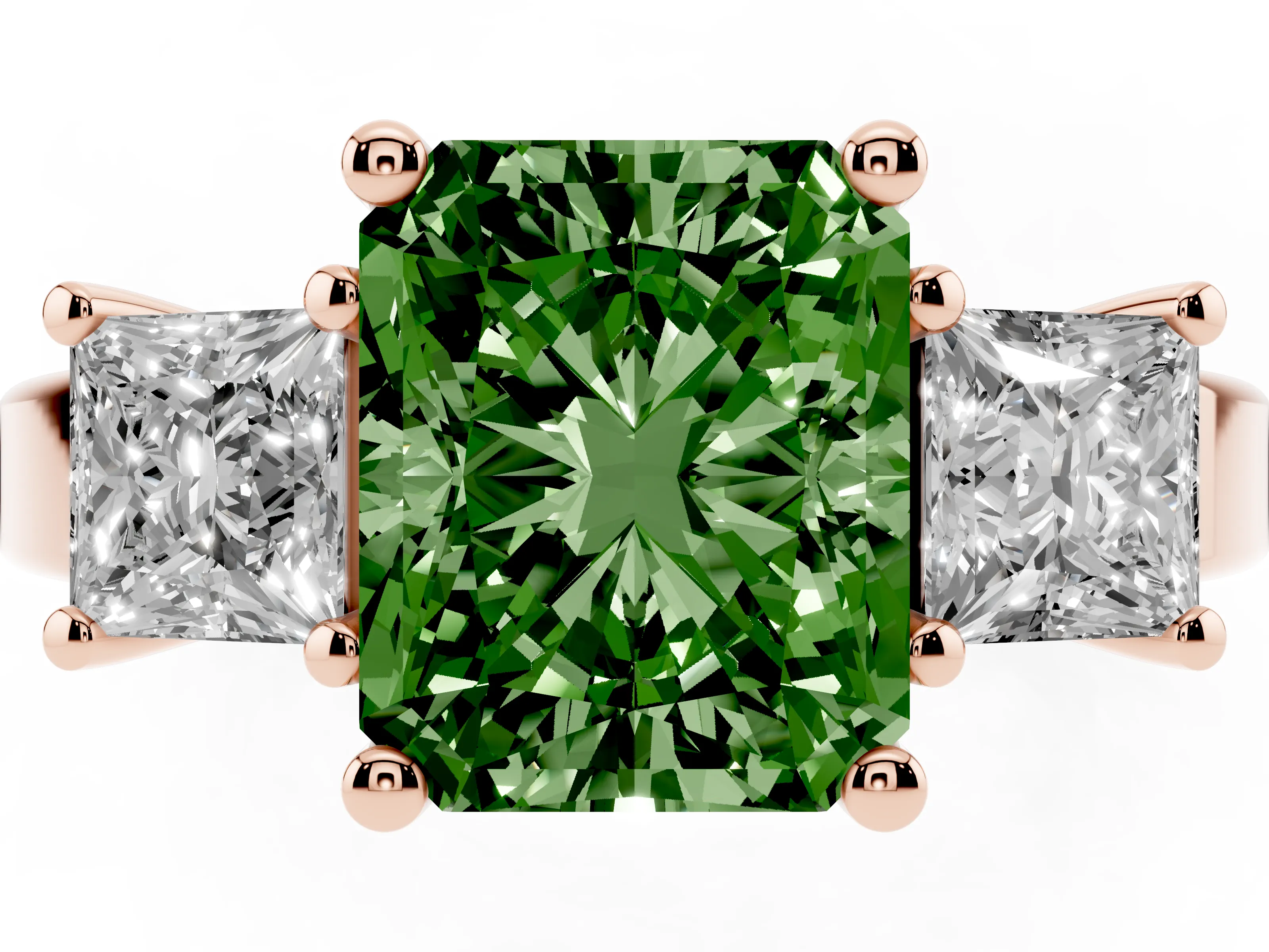 Fancy Green Three-Stone Radiant Cut Diamond Solitaire Ring Set in Rose gold with Prong Setting