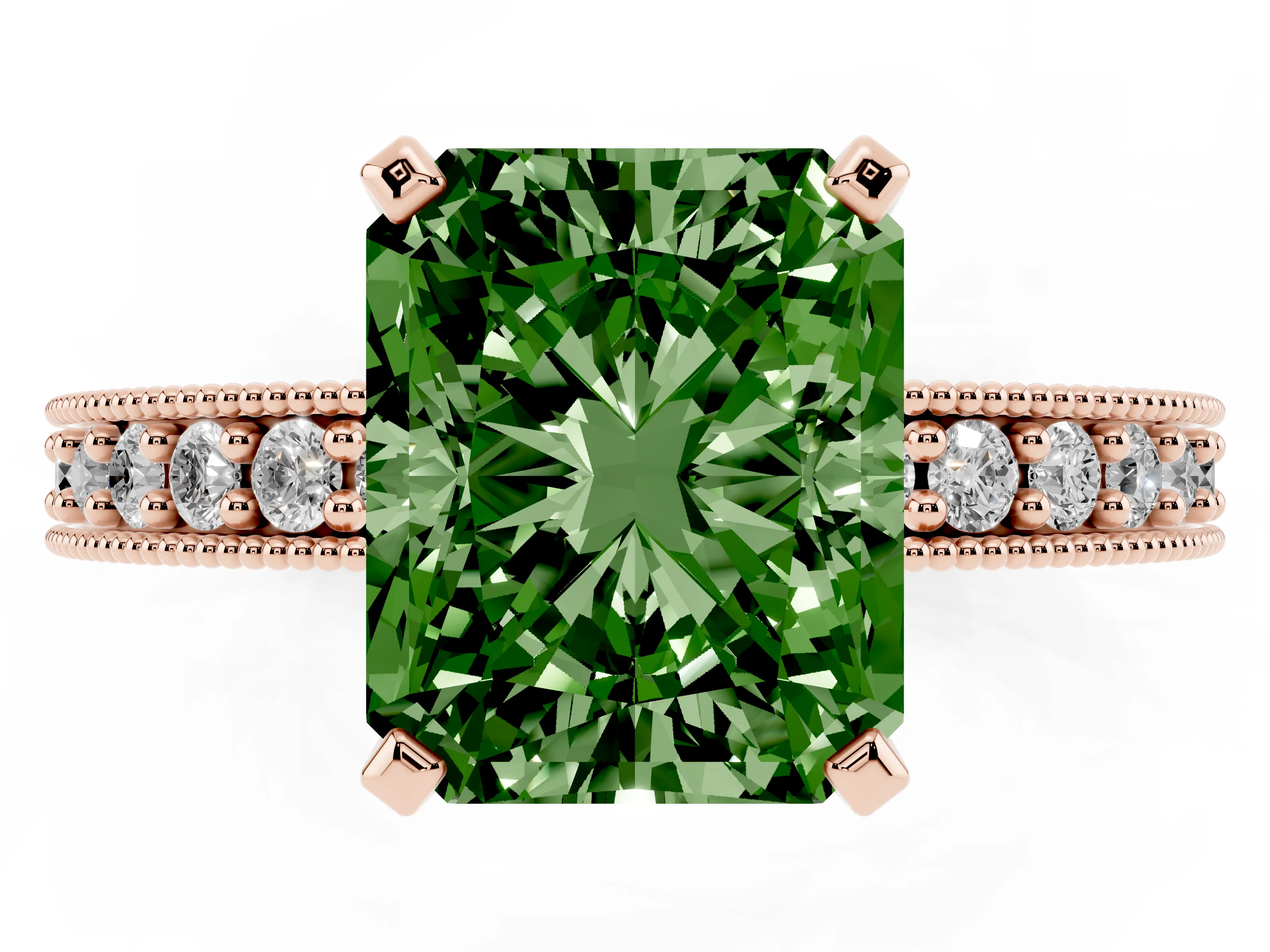 Fancy Green Radiant Cut Diamond Milgrain Pavé Engagement Ring Set in Rose gold with Prong Setting