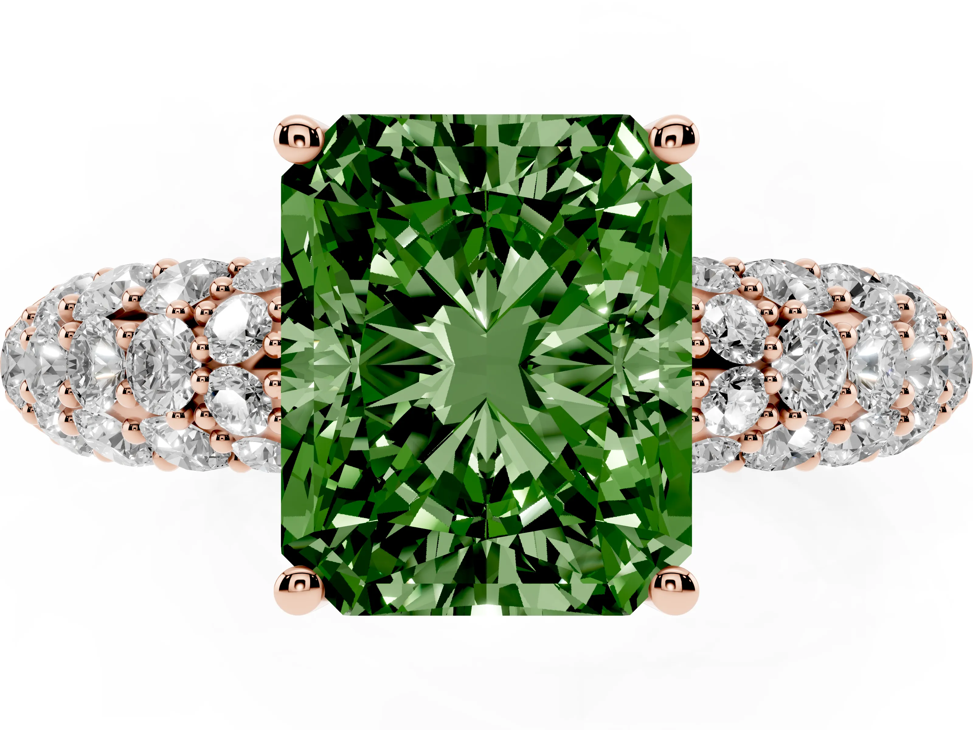 Fancy Green Radiant Cut Diamond Pavé Band Solitaire Ring Set in Rose gold with Close-Set Accent Stones and Prong Setting