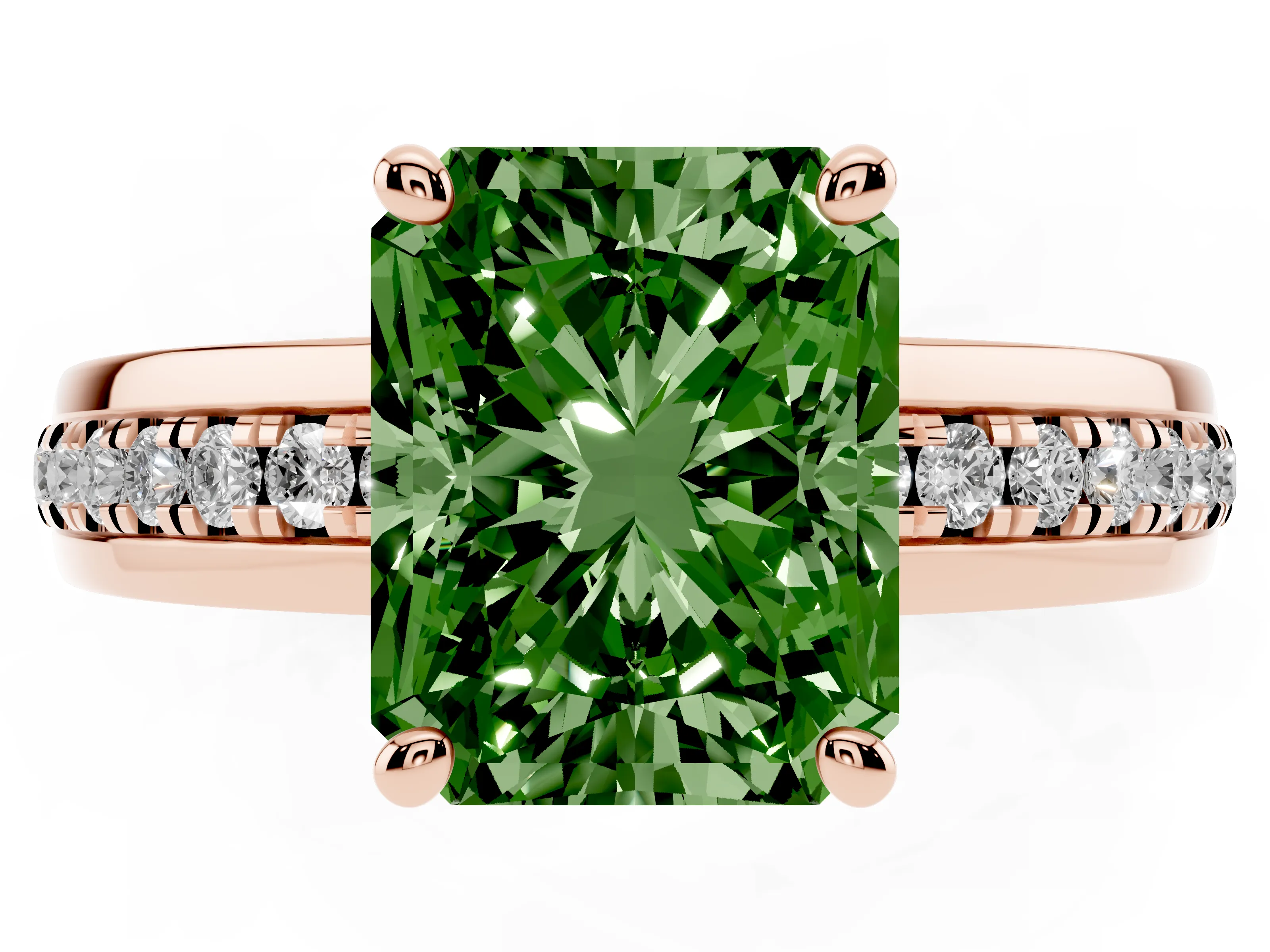 Fancy Green Radiant Cut Diamond Solitaire Ring Set in Rose gold with Channel Set Band and Prong Setting