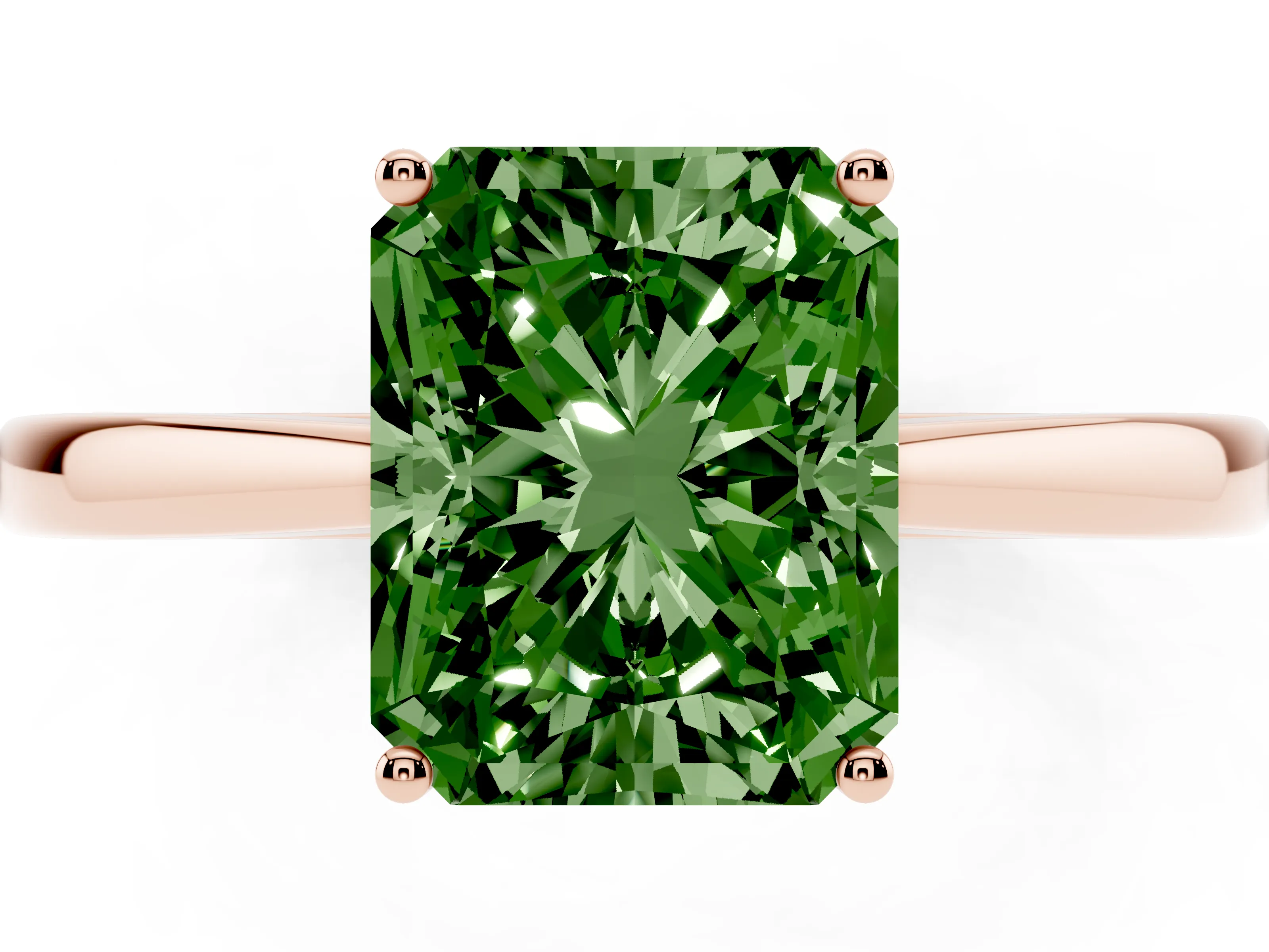 Fancy Green Radiant Cut Diamond Solitaire Ring Set in Rose gold with Split Shank and Prong Setting