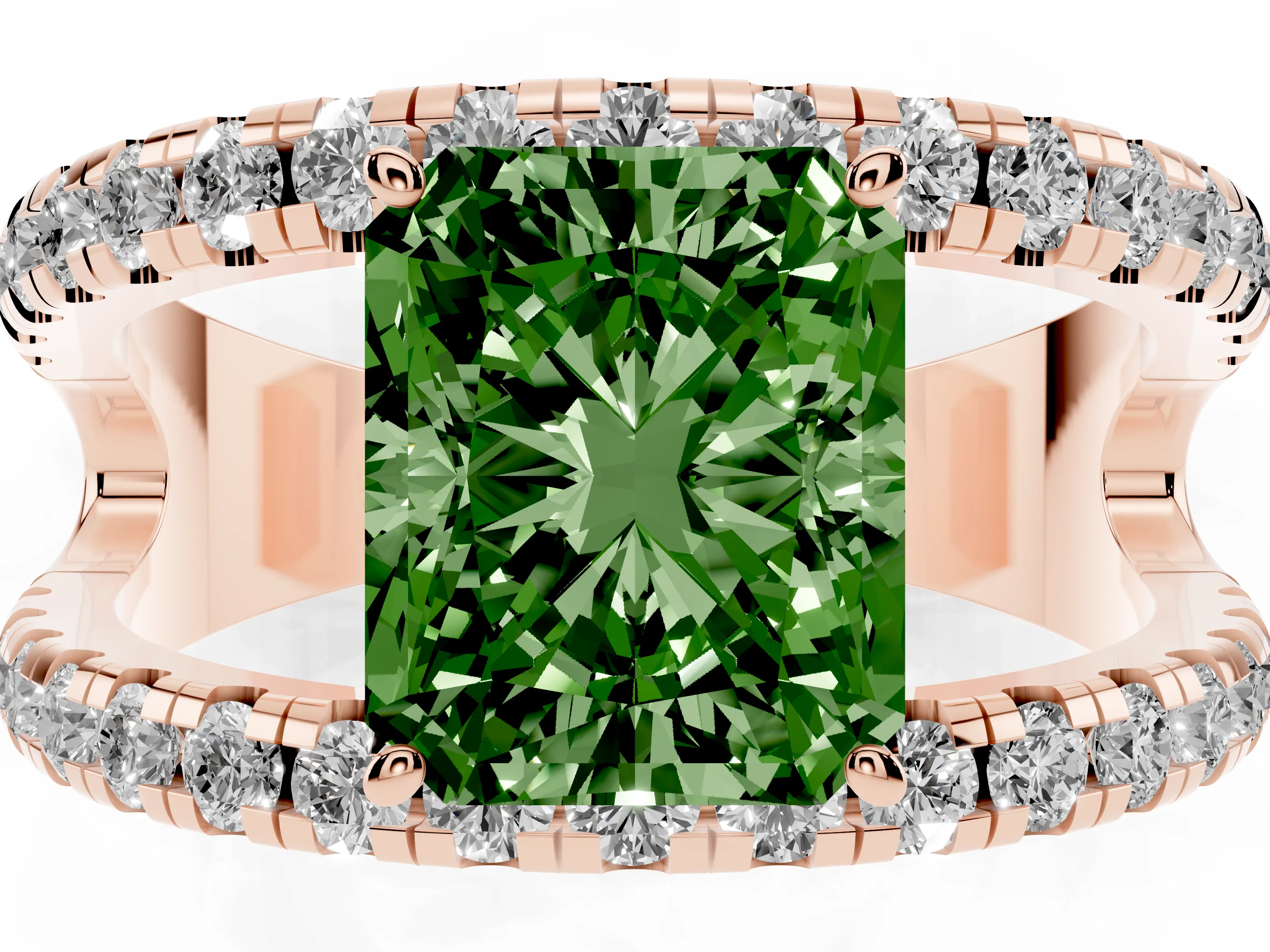Fancy Green Radiant Cut Diamond Split Shank Pavé Solitaire Ring Set in Rose gold with Open Shank Design