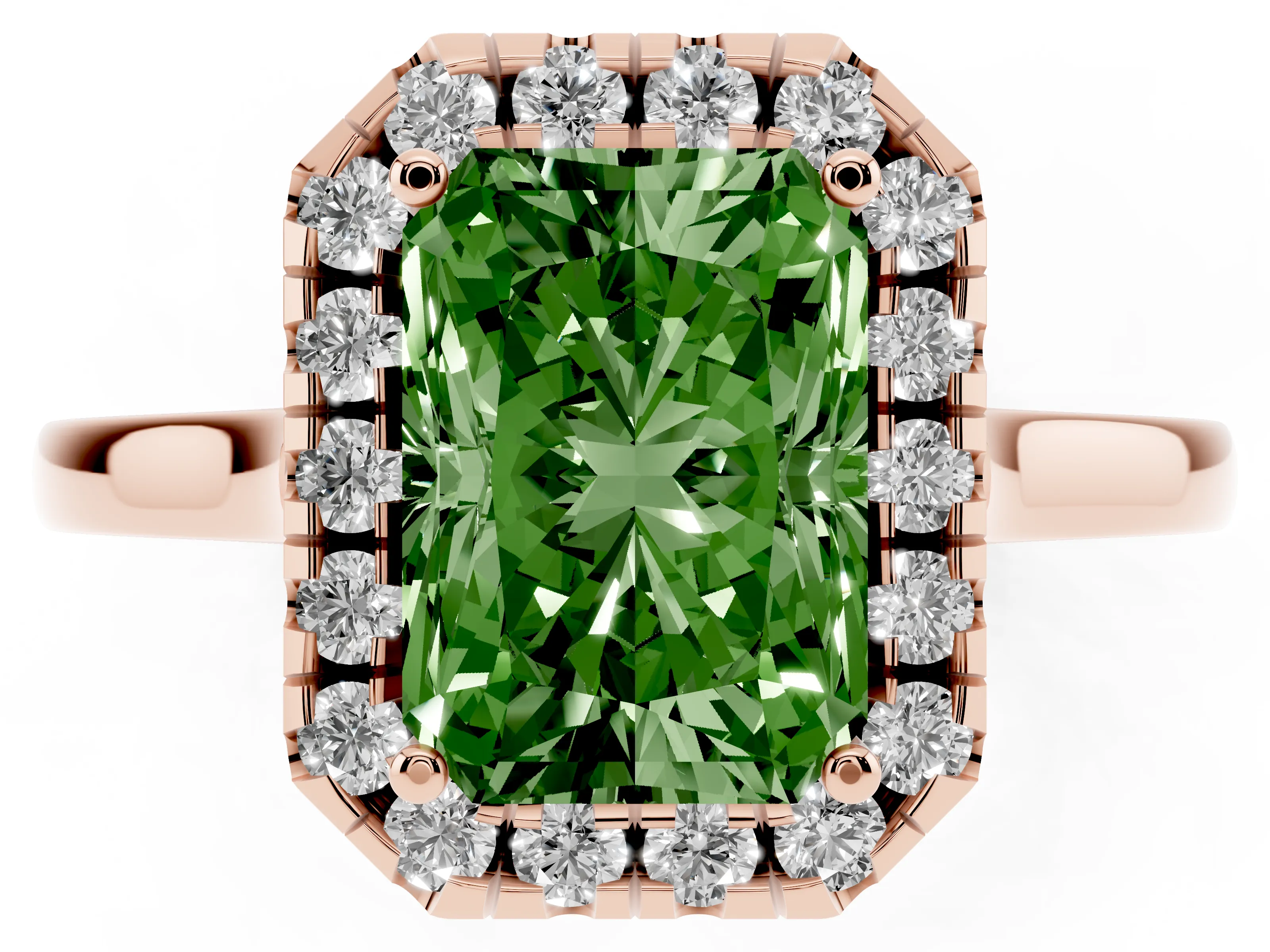 Fancy Green Radiant Cut Halo Round Diamond Solitaire Ring Set in Rose gold with Pavé Band and Prong Setting