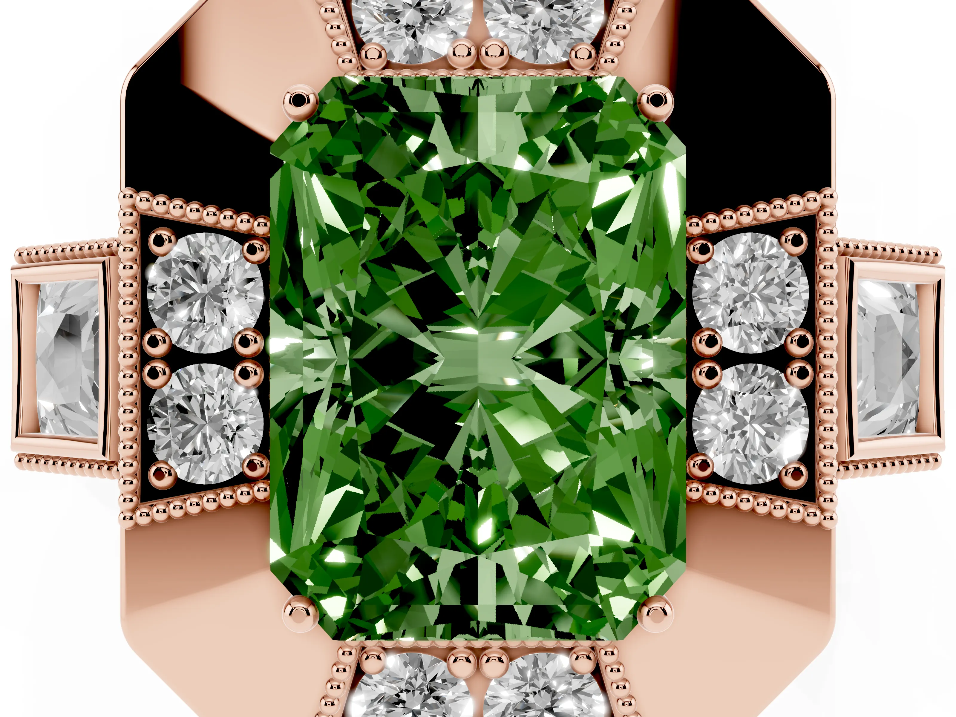 Fancy Green Radiant Cut Diamond Milgrain Halo Ring Set in Rose gold with Split Shank