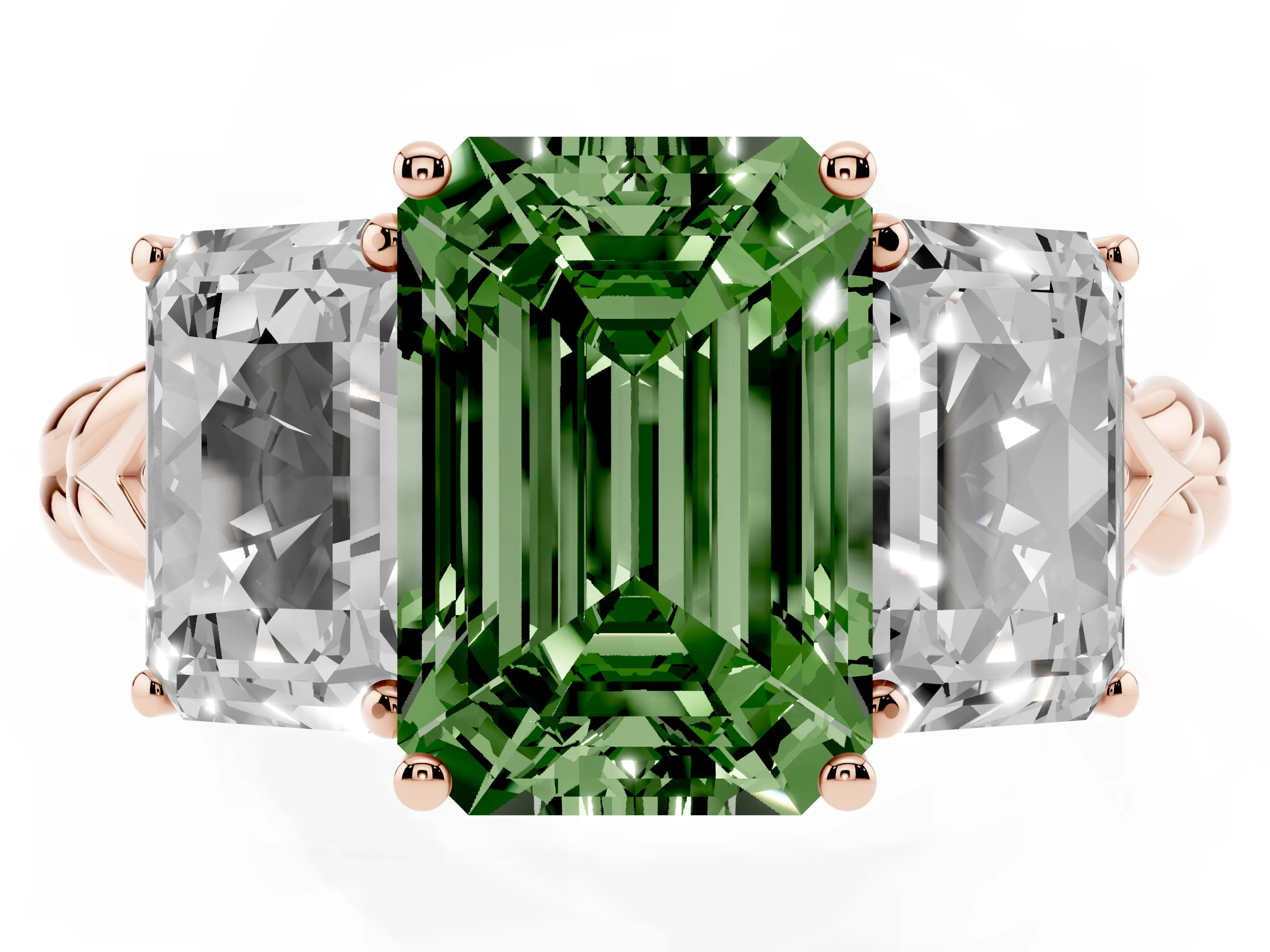 Fancy Green Radiant Cut Diamond Three-Stone Ring Set in Rose gold with Braided Band