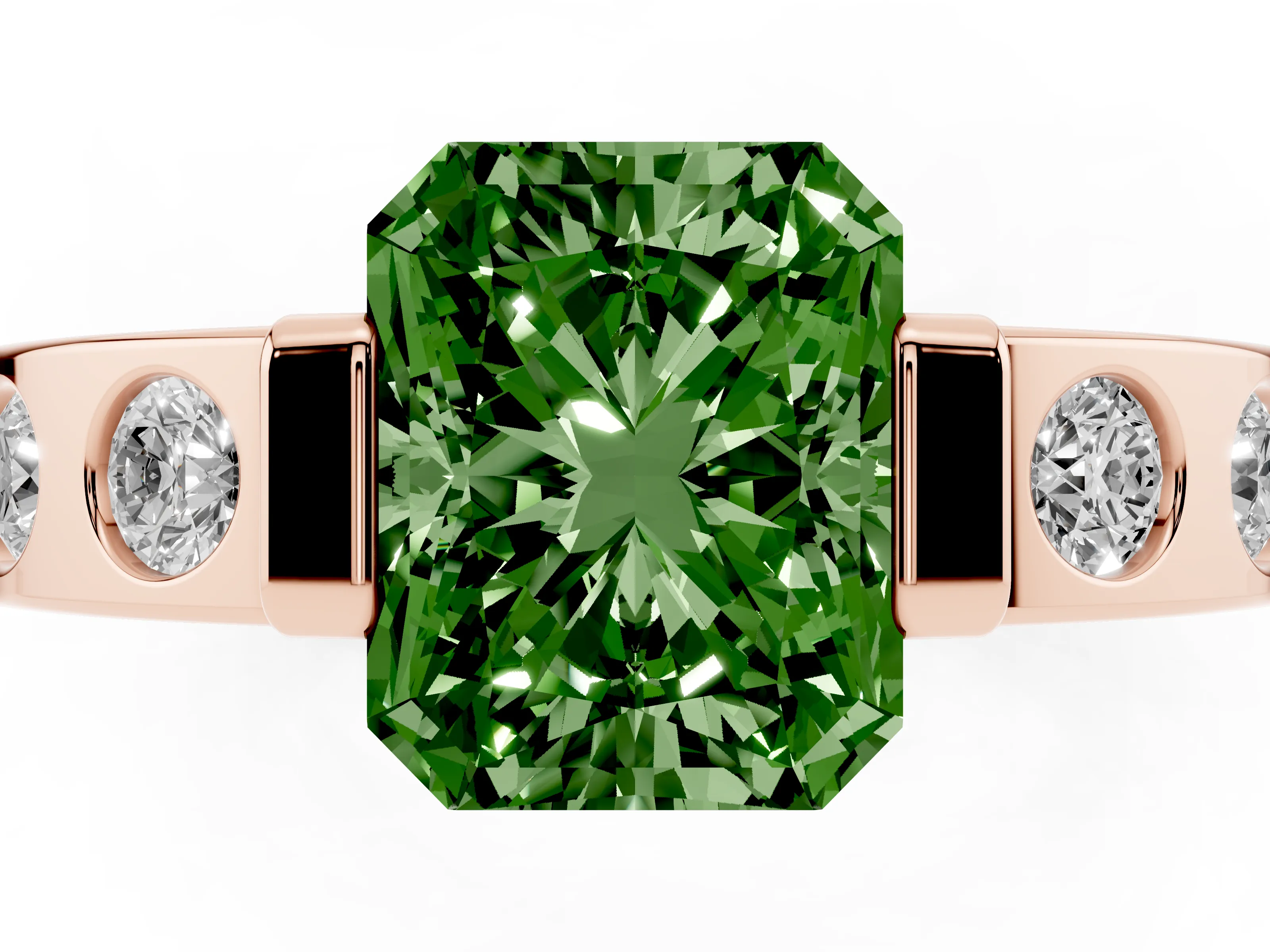 Fancy Green Radiant Cut Diamond Channel-Set Band Ring Set in Rose gold with Bezel Prong Setting