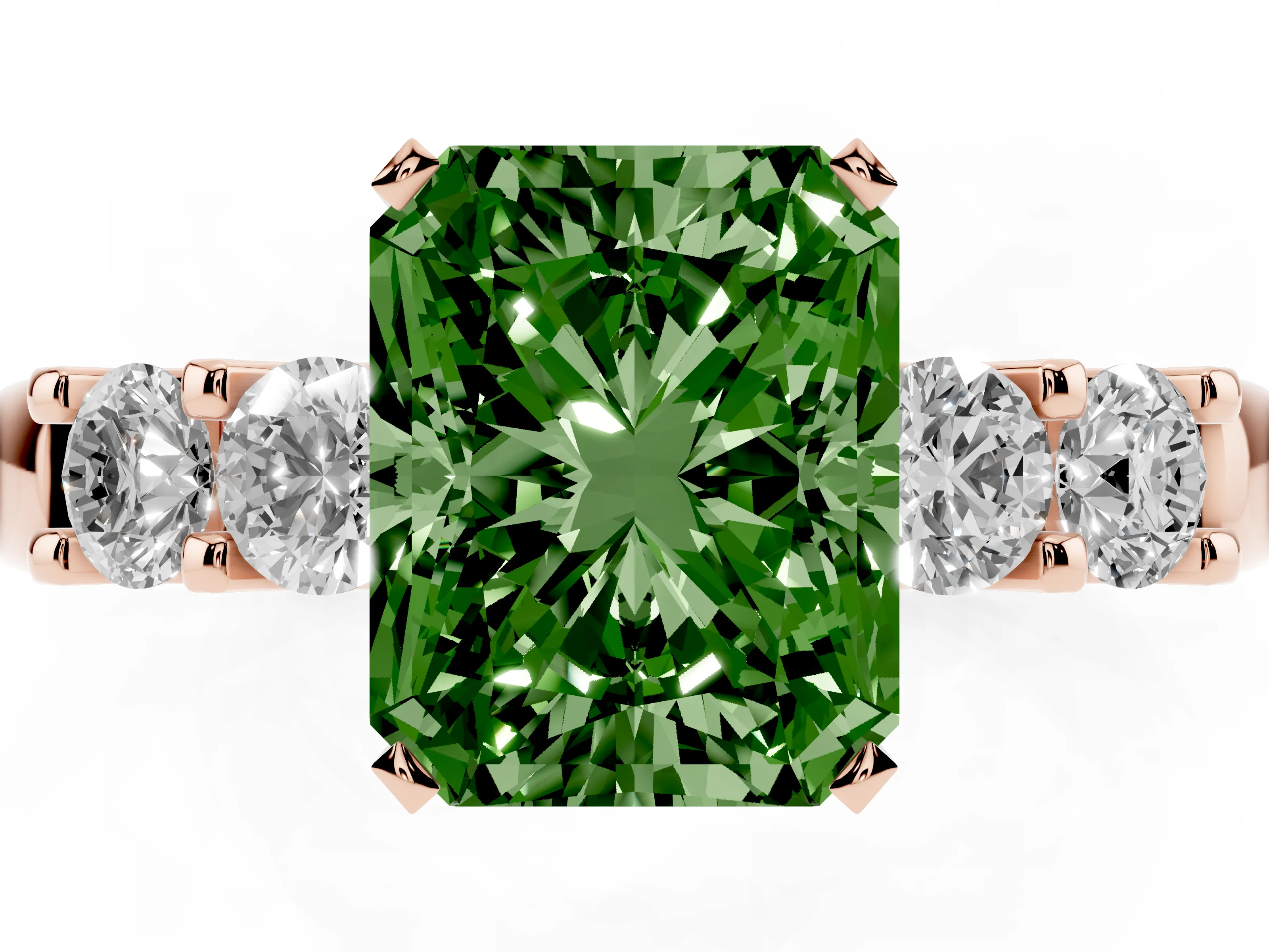 Fancy Green Radiant Cut Diamond Five-Stone Prong Set Engagement Ring Set in Rose gold with Channel Band