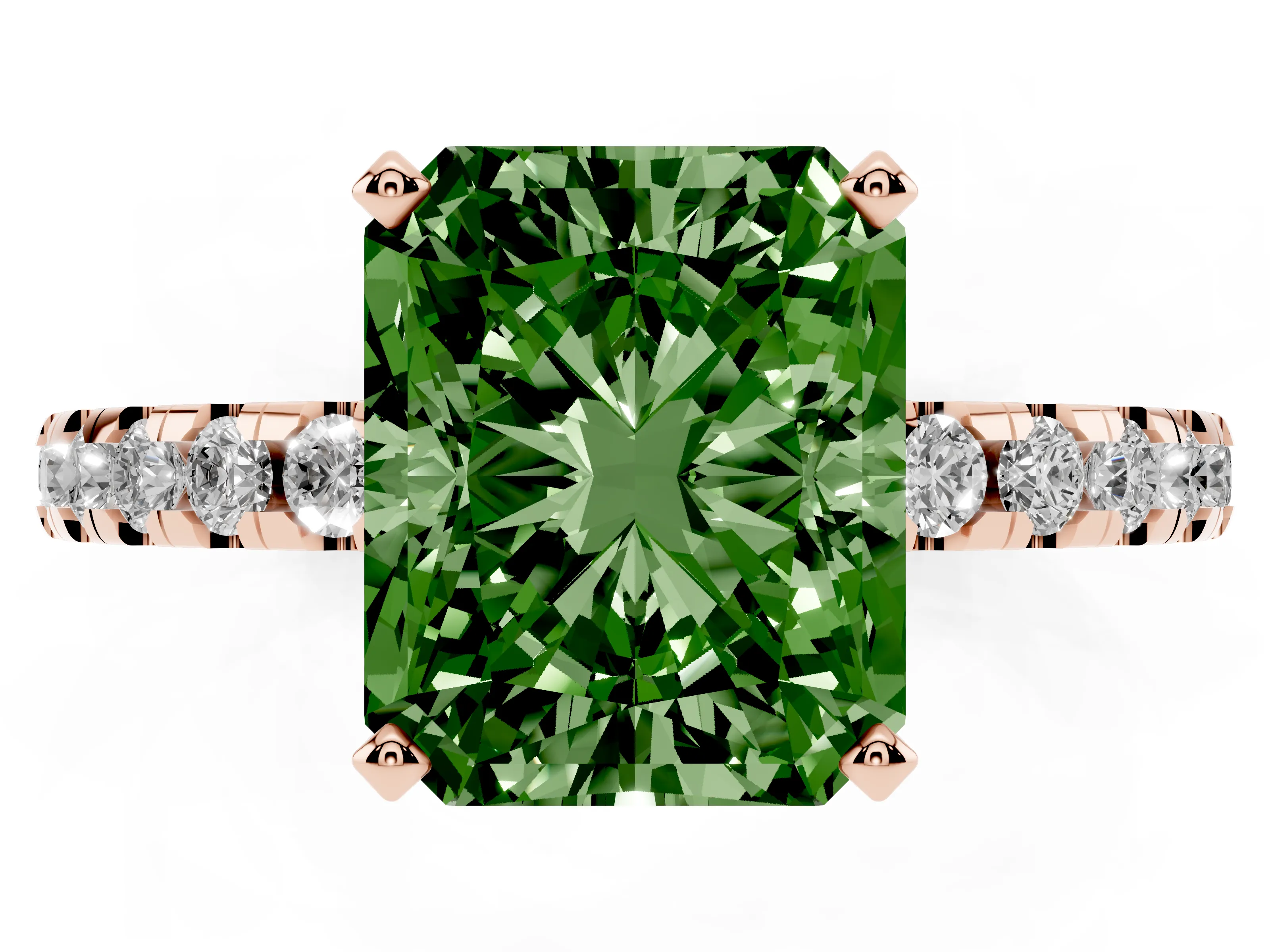 Fancy Green Radiant Cut Diamond Pavé Solitaire Ring Set in Rose gold with Round Band Accents and Prong Setting