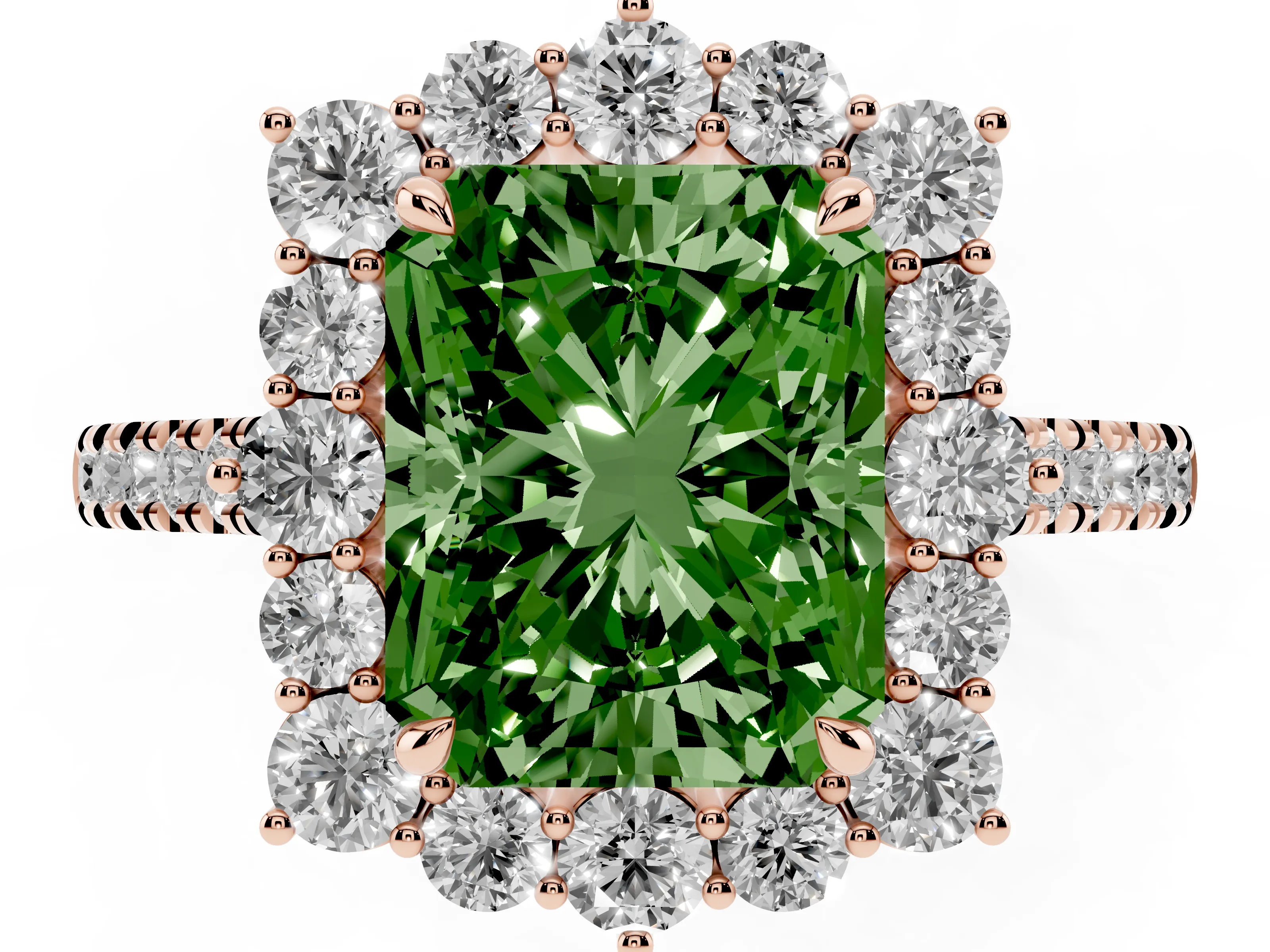 Fancy Green Radiant Cut Diamond Halo Ring Set in Rose gold with Pavé Band and Prong Setting
