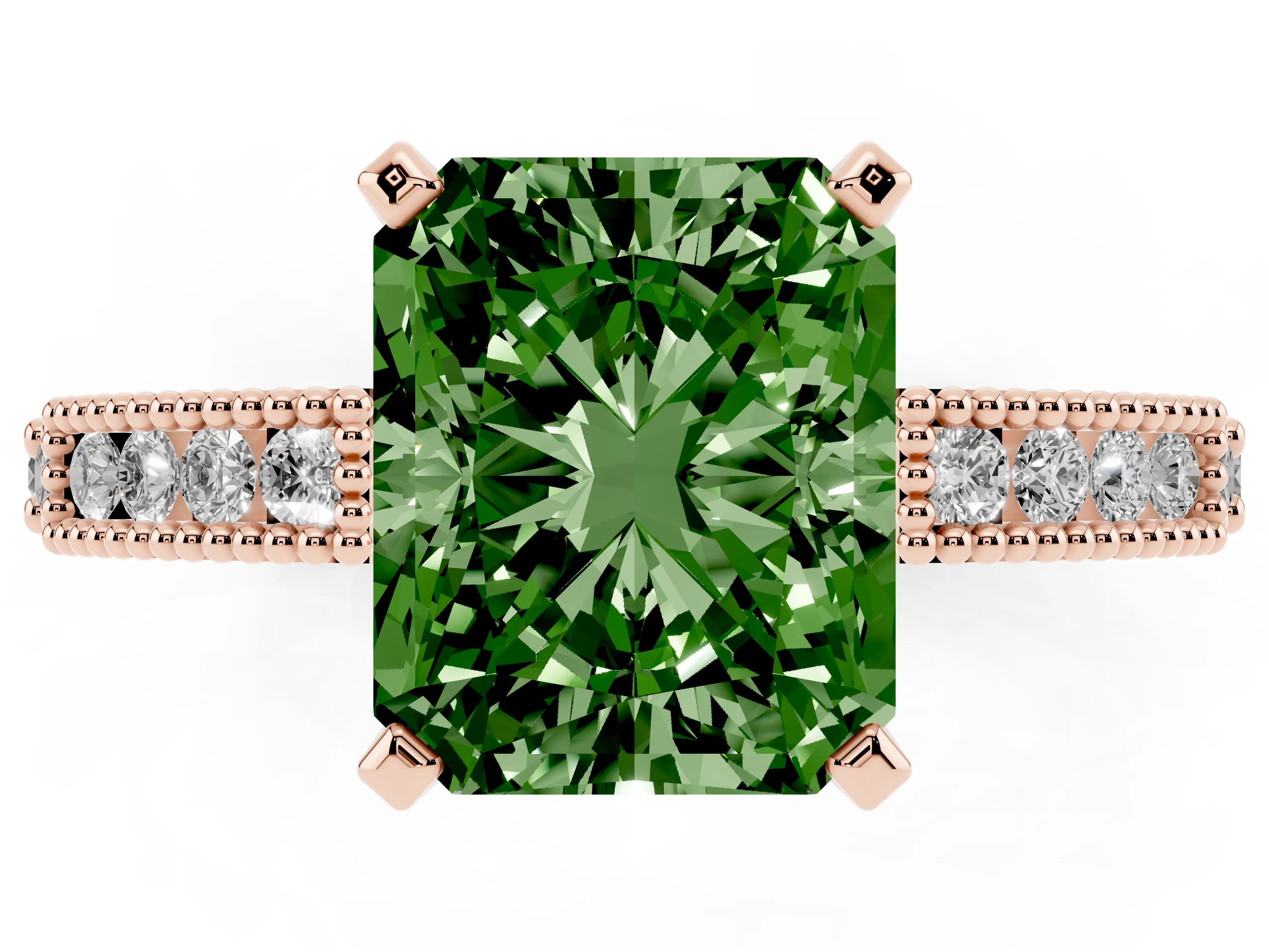 Fancy Green Radiant Cut Diamond Solitaire Ring Set in Rose gold with Slim Pavé Band and Prong Setting