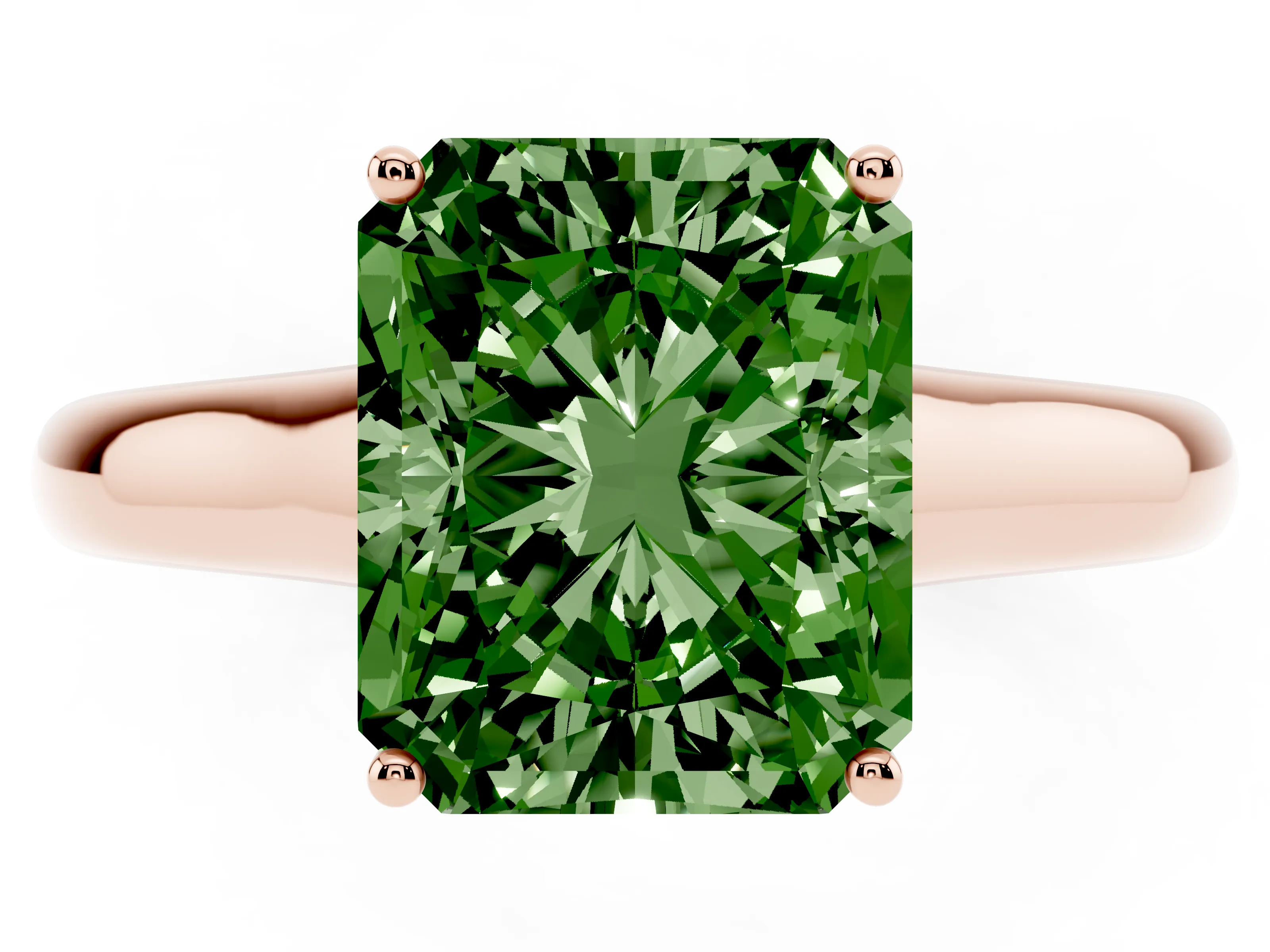 Fancy Green Radiant Cut Diamond Solitaire Engagement Ring Set in Rose gold with Subtly Tapered Band and Prong Setting
