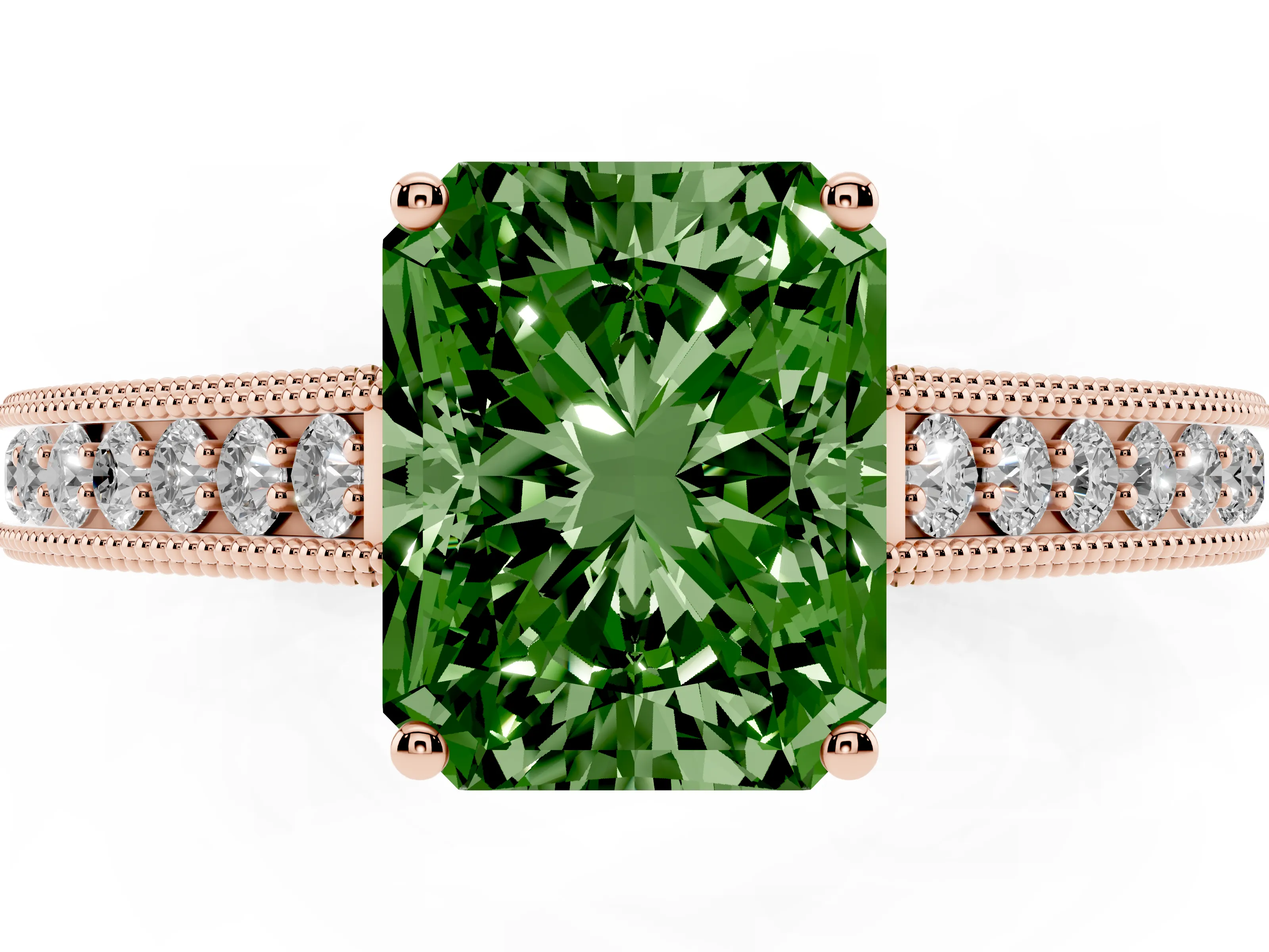 Fancy Green Radiant Cut Diamond Milgrain Pavé Band Solitaire Ring Set in Rose gold with Prong Setting
