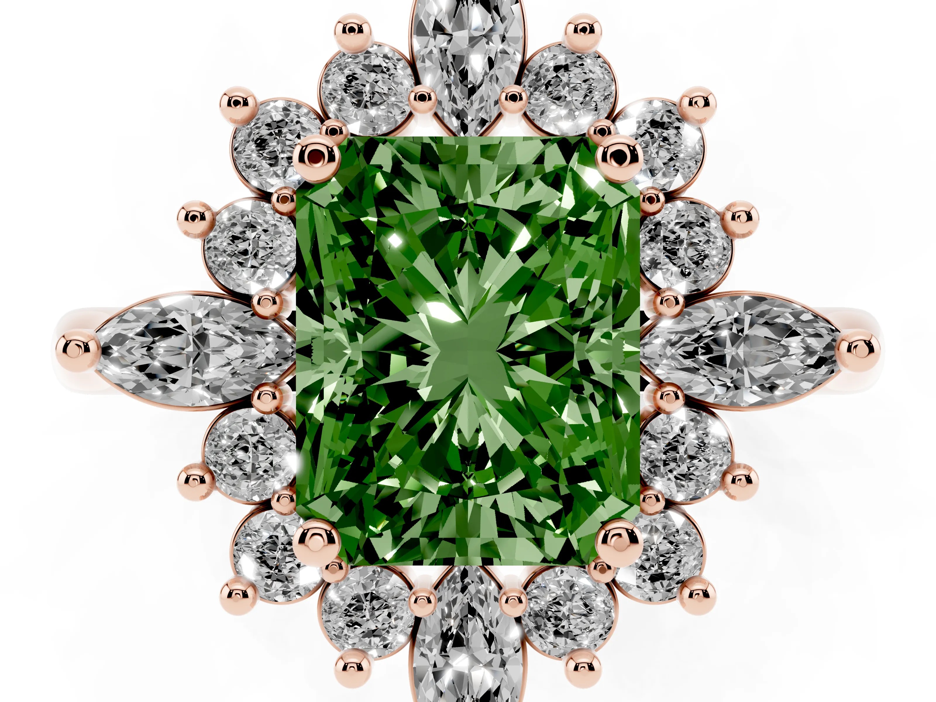 Fancy Green Radiant Cut Diamond Cluster Halo Ring Set in Rose gold with Marquise and Round Accents