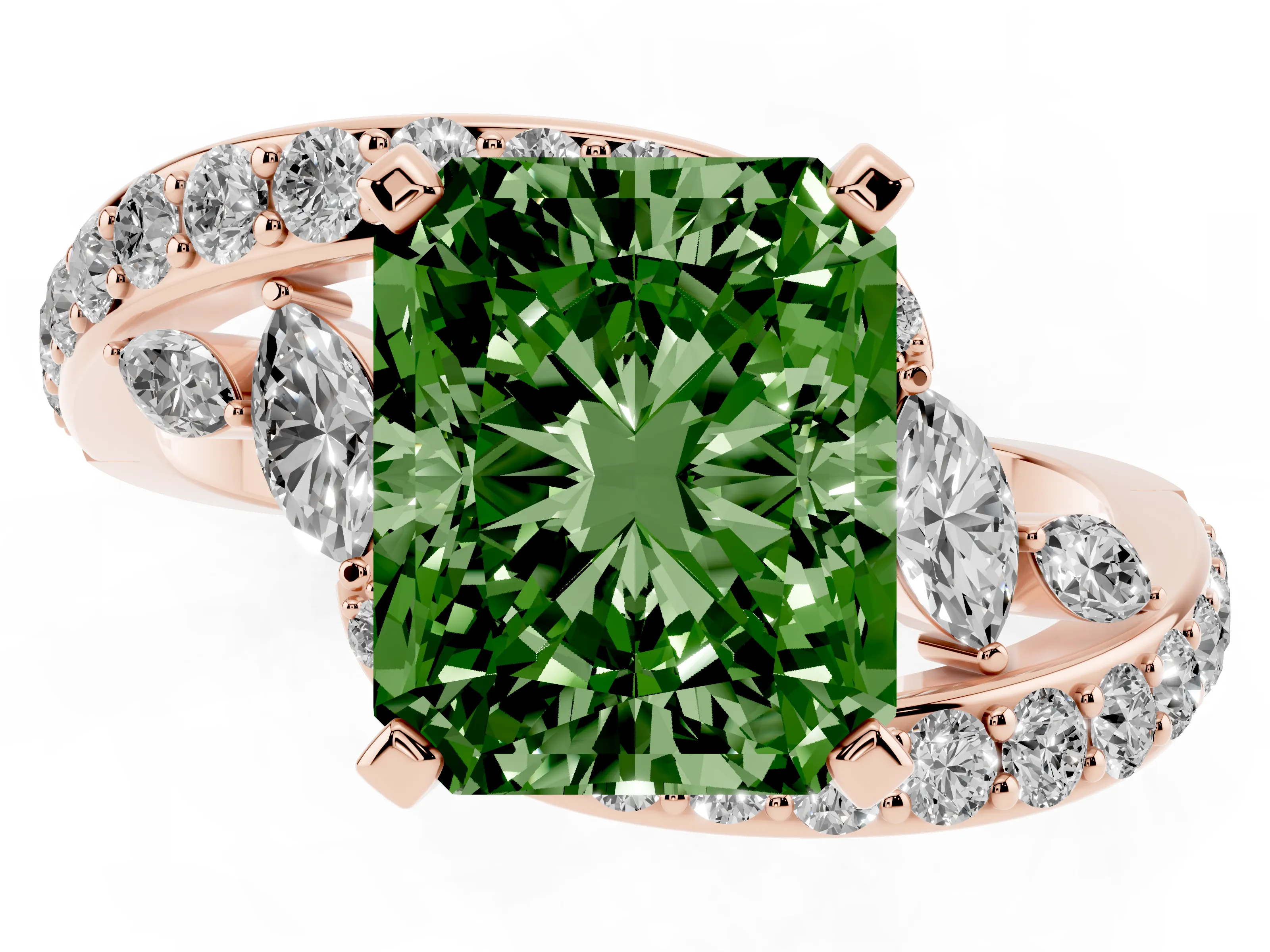 Fancy Green Radiant Cut Diamond Solitaire Ring Set in Rose gold with Pavé Twist Band and Secure Prong Setting