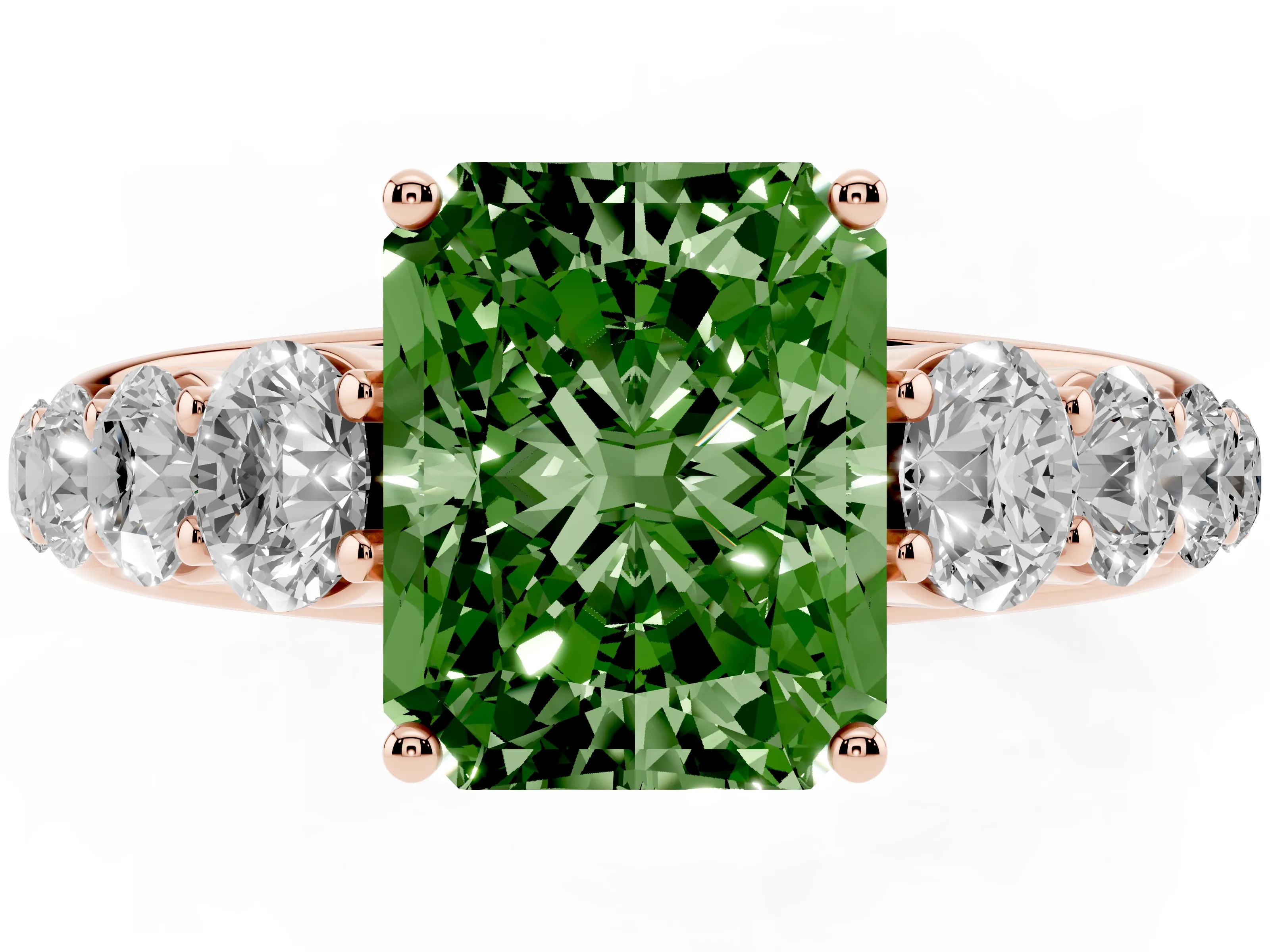 Fancy Green Radiant Cut Diamond Solitaire Ring Set in Rose gold with Pavé-Set Band and Prong Setting