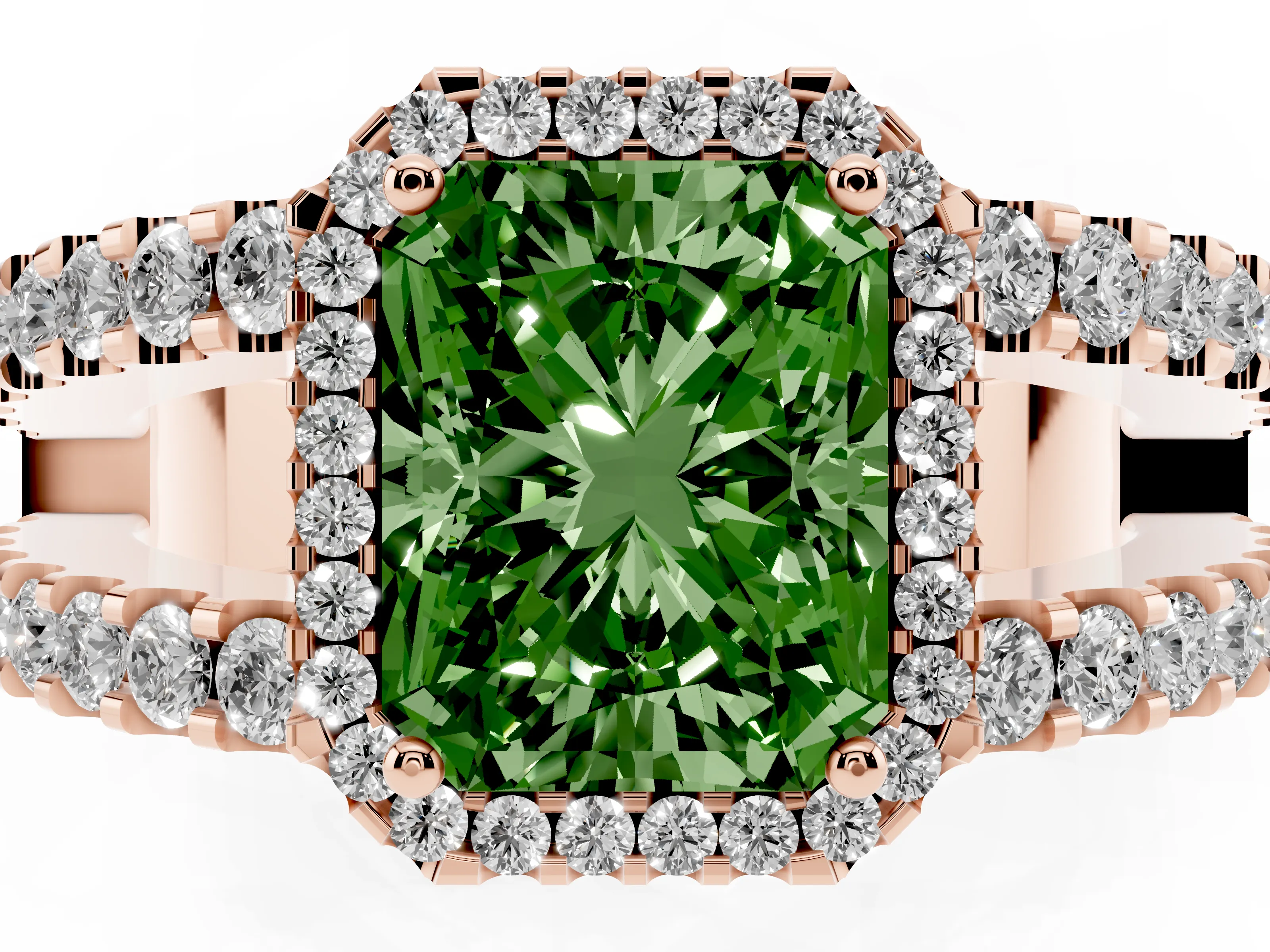 Fancy Green Radiant Cut Diamond Halo Ring Set in Rose gold with Pavé Split Shank and Prong Setting