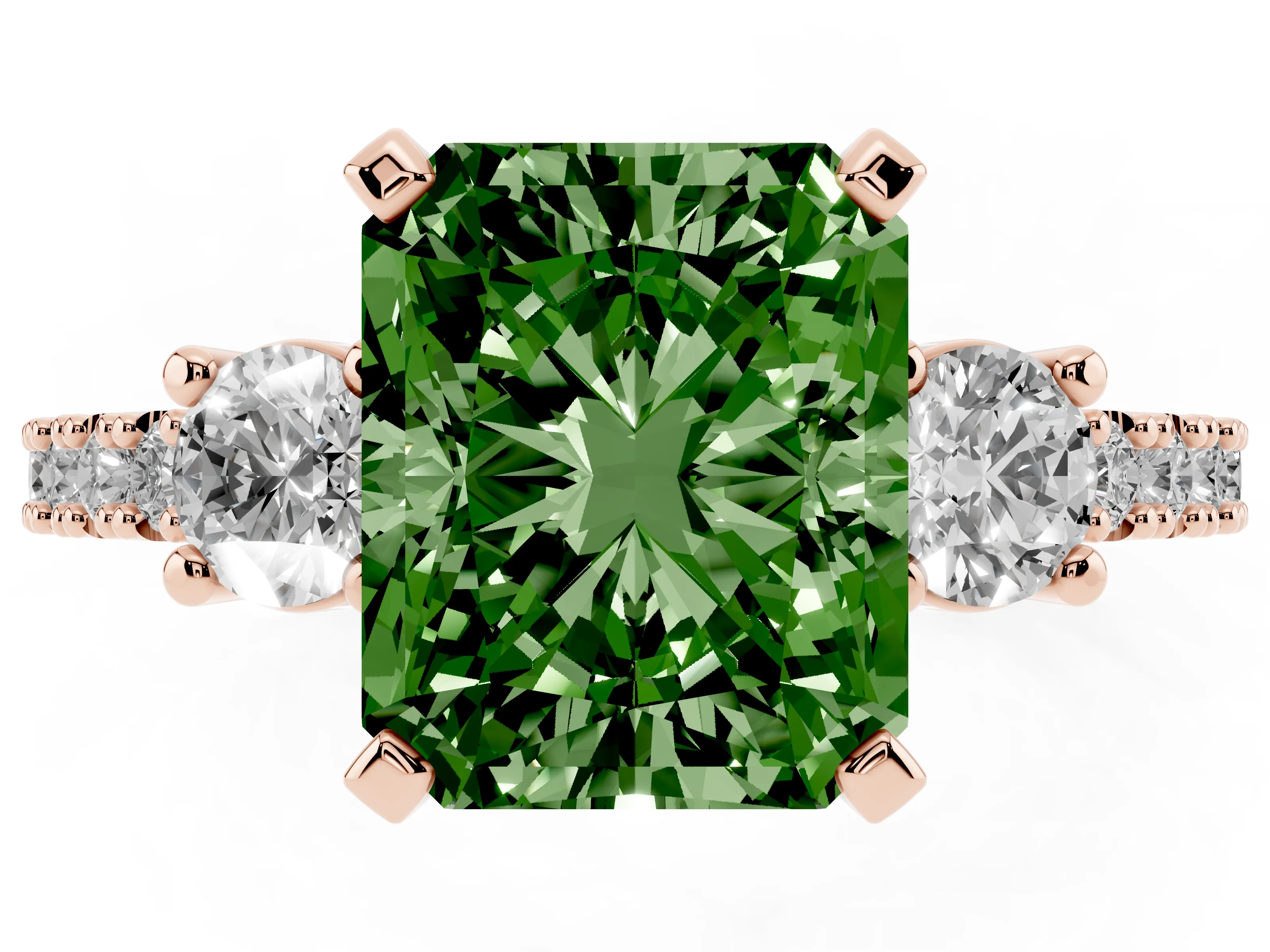 Fancy Green Three-Stone Radiant Cut Diamond Pavé Band Ring Set in Rose gold with Prong Setting
