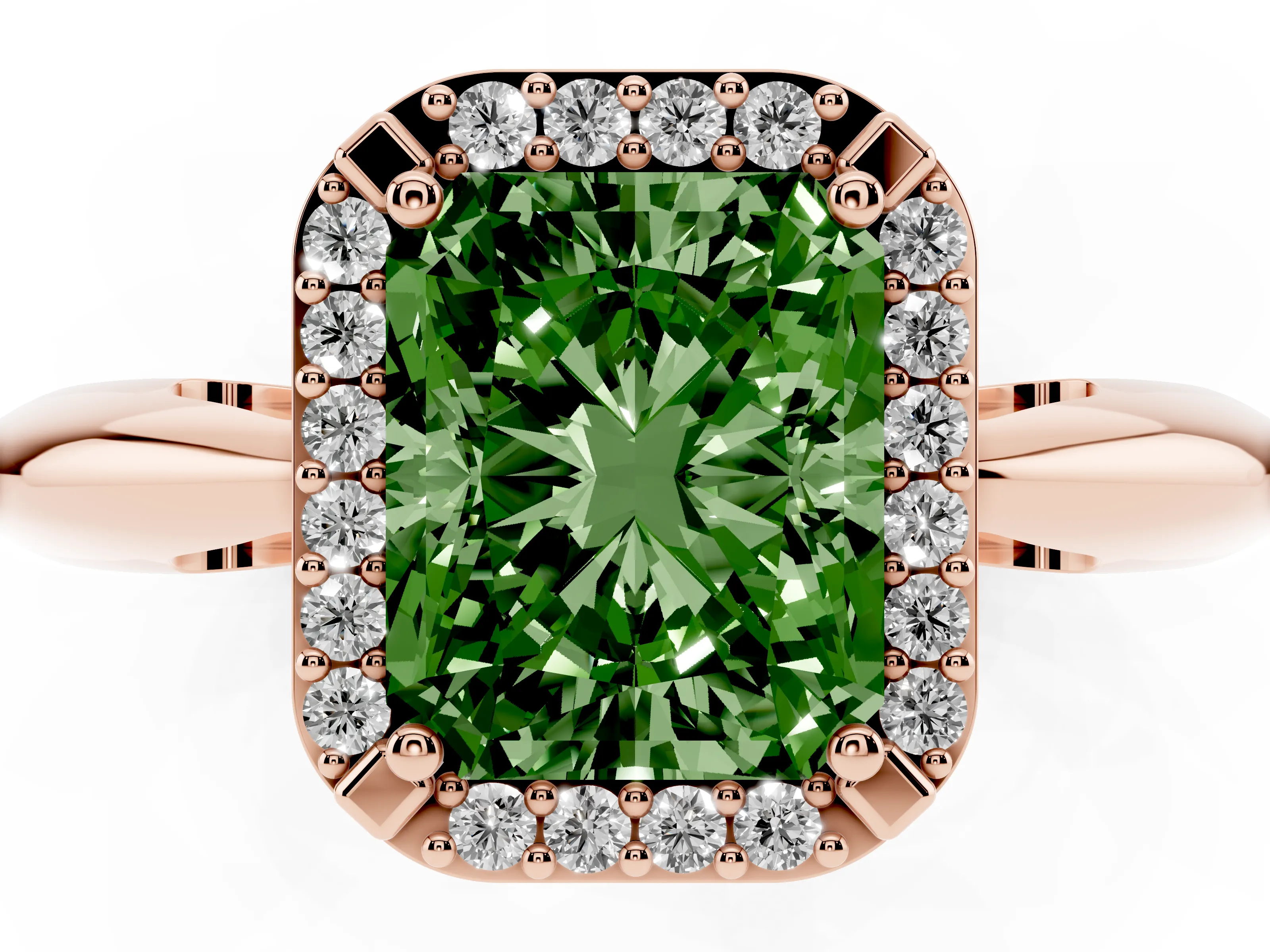 Fancy Green Radiant Cut Diamond Halo Engagement Ring Set in Rose gold with Plain Split Shank and Prong Setting