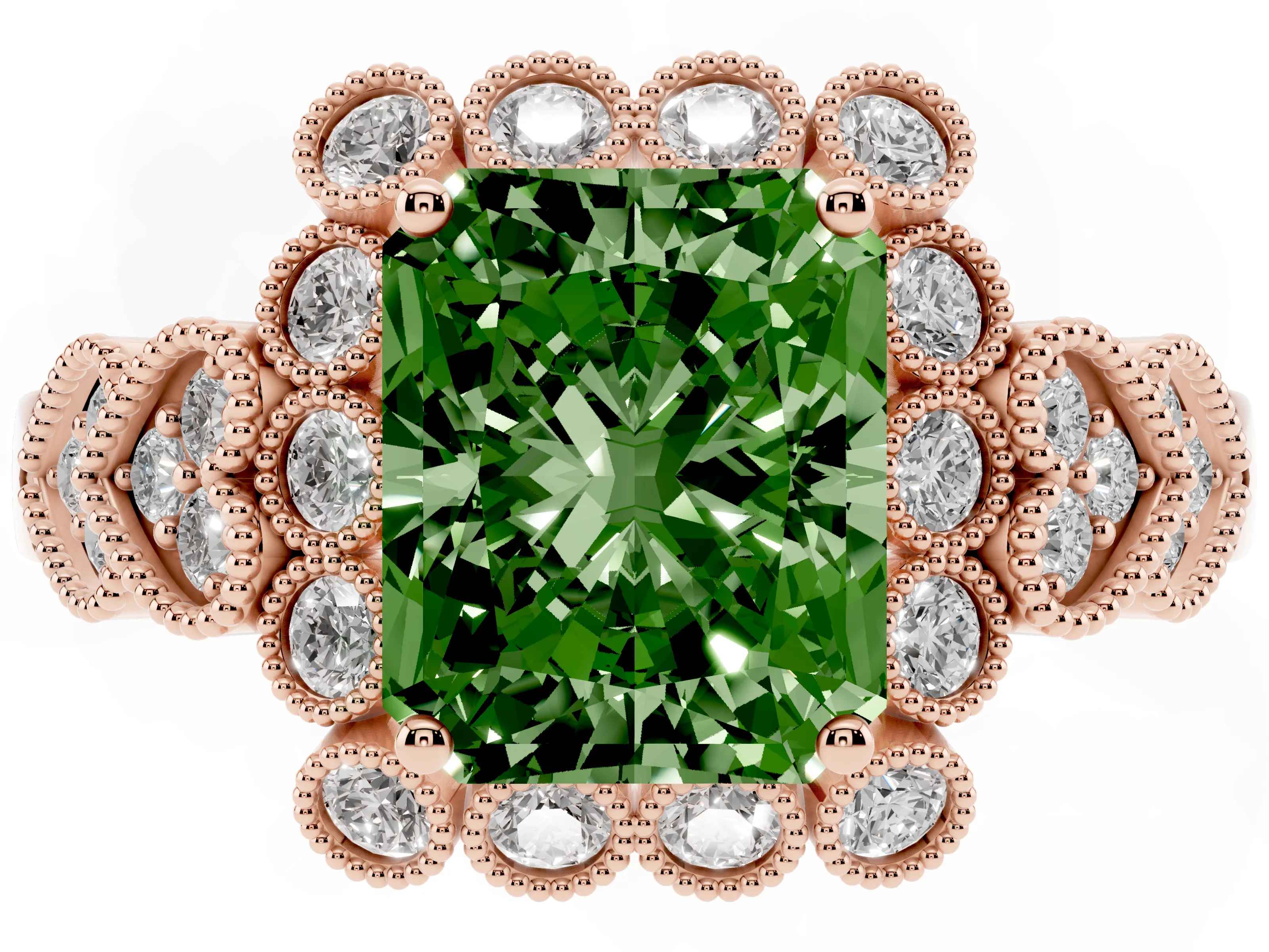 Fancy Green Radiant Cut Diamond Solitaire Ring Set in Rose gold with Milgrain Pavé Heart Band