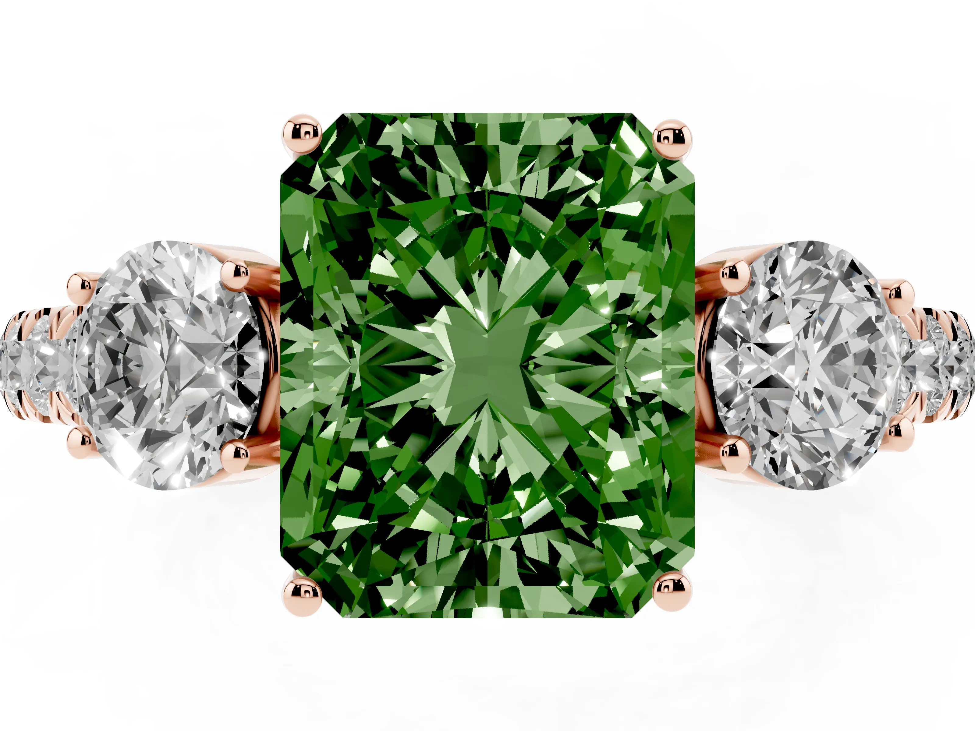 Fancy Green Radiant Cut Diamond Three-Stone Ring Set in Rose gold with Round Side Stones and Delicate Pavé Band