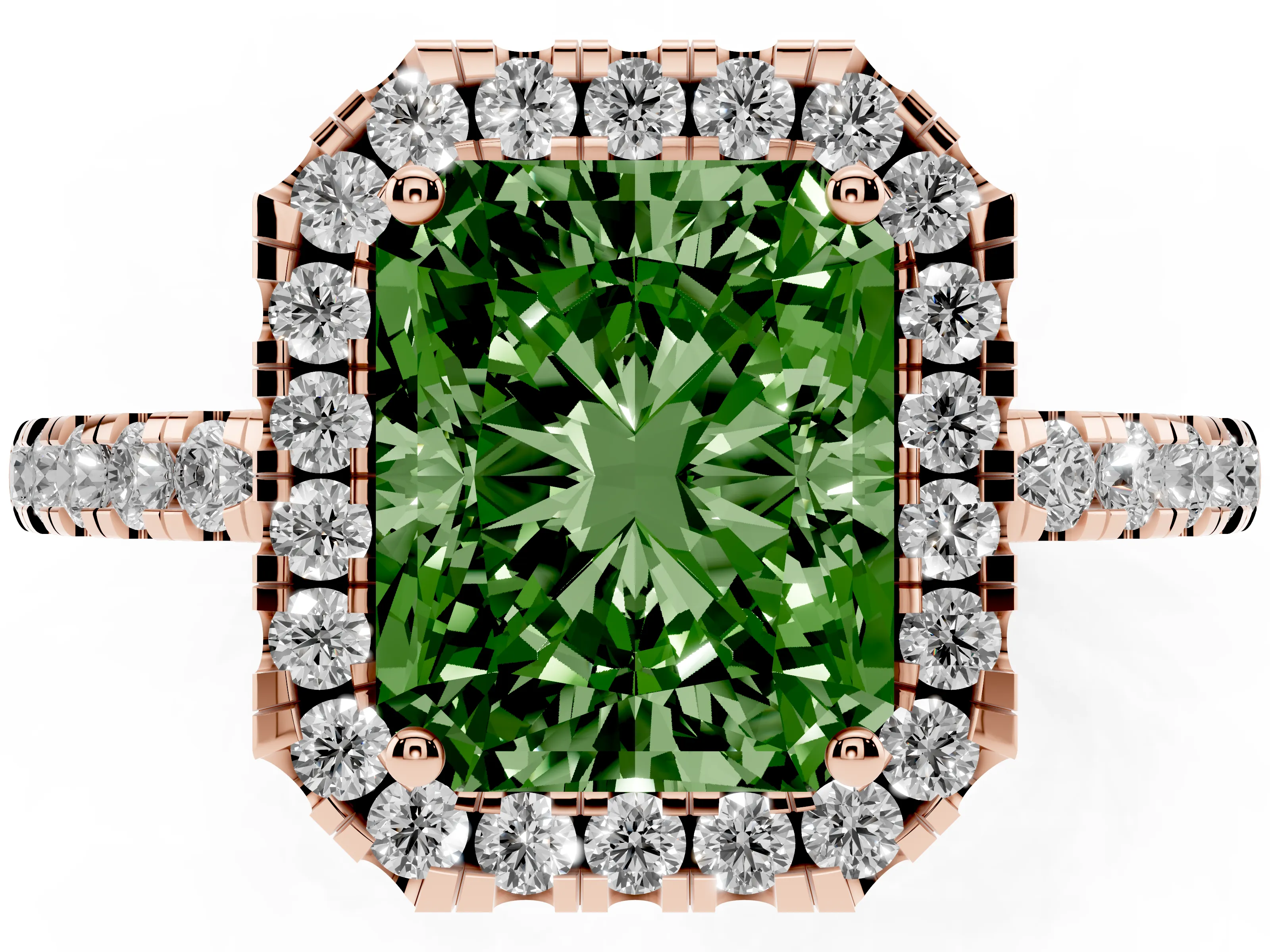 Fancy Green Radiant Cut Diamond Pavé Band Halo Engagement Ring Set in Rose gold with Prong Setting
