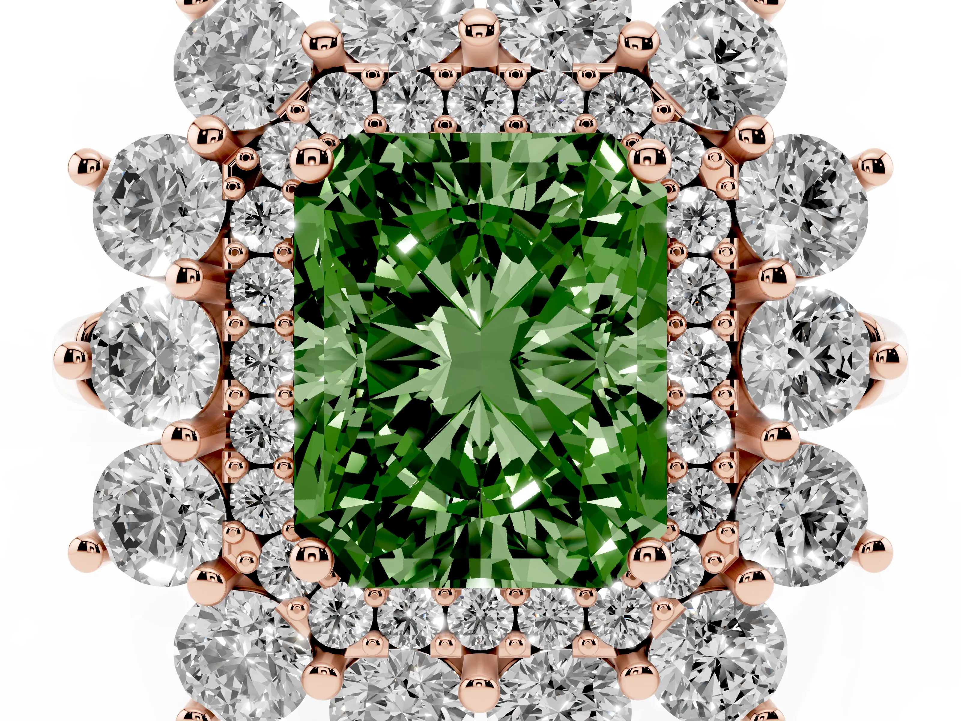 Fancy Green Radiant Cut Diamond Floral Double Halo Ring Set in Rose gold with Round Petals