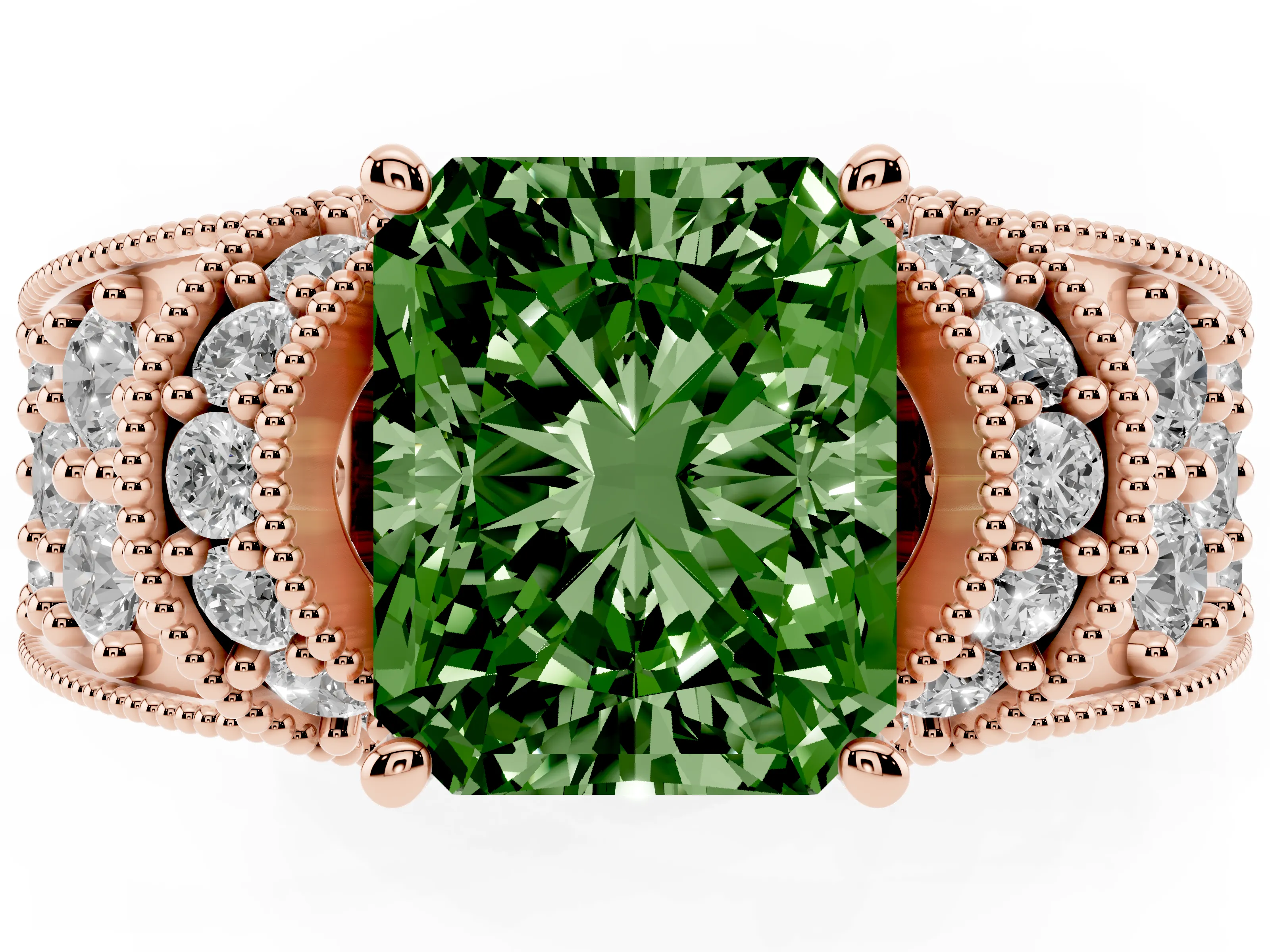 Fancy Green Radiant Cut Diamond Milgrain Halo Pavé Engagement Ring Set in Rose gold with Prong Setting