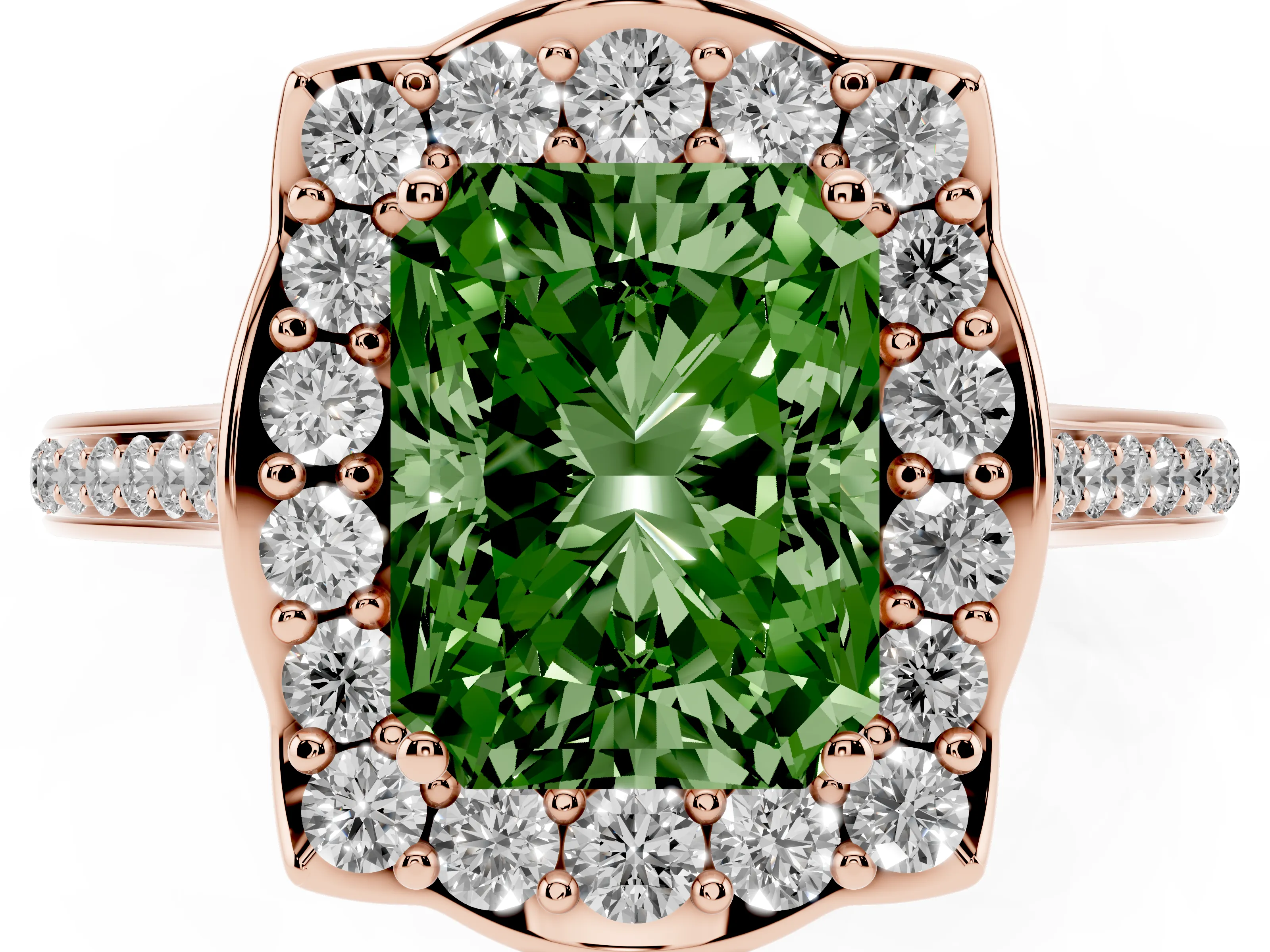 Fancy Green Radiant Cut Diamond Halo Ring Set in Rose gold with Pavé-Lined Shoulders and Prong Setting