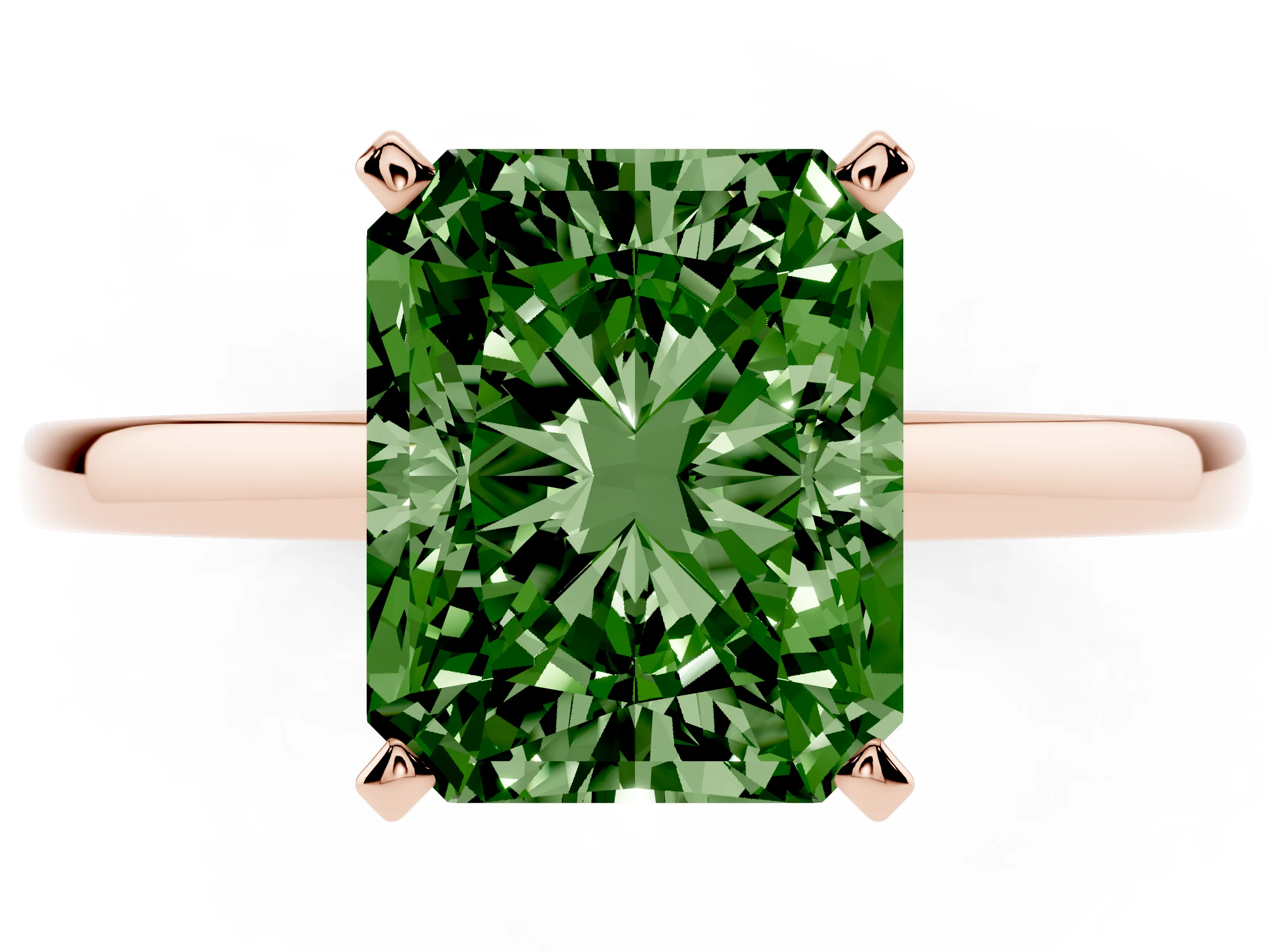 Fancy Green Radiant Cut Diamond Solitaire Engagement Ring Set in Rose gold with Prong Setting on a Classic Band
