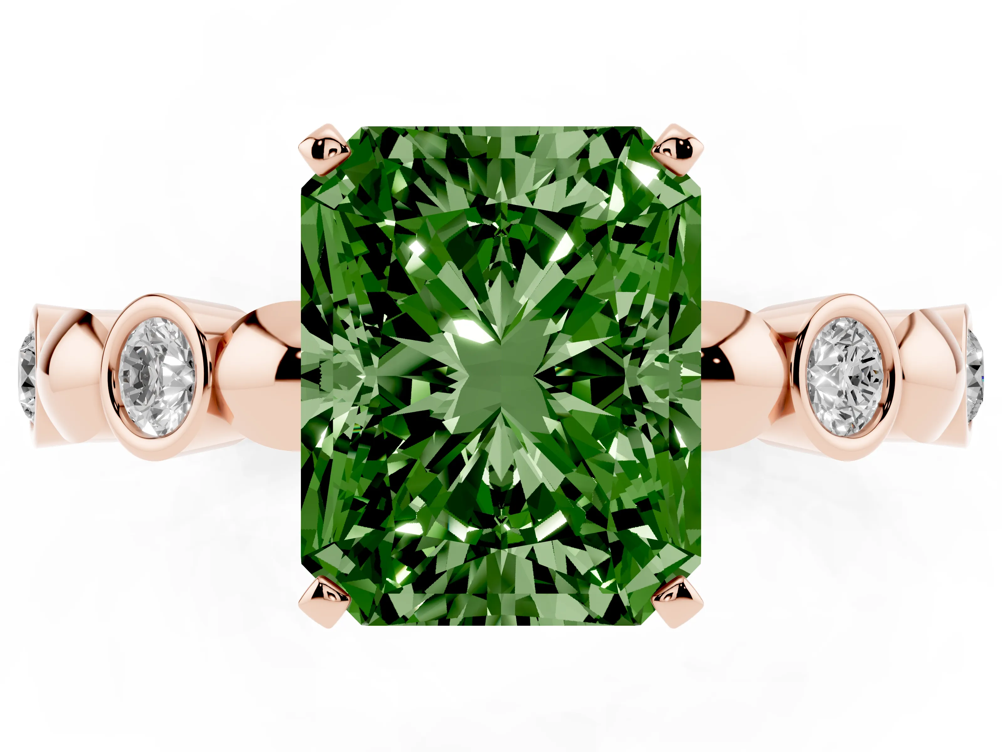 Fancy Green Radiant Cut Diamond Solitaire Ring Set in Rose gold with Bezel-Set Accents on Beaded Band and Prong Setting