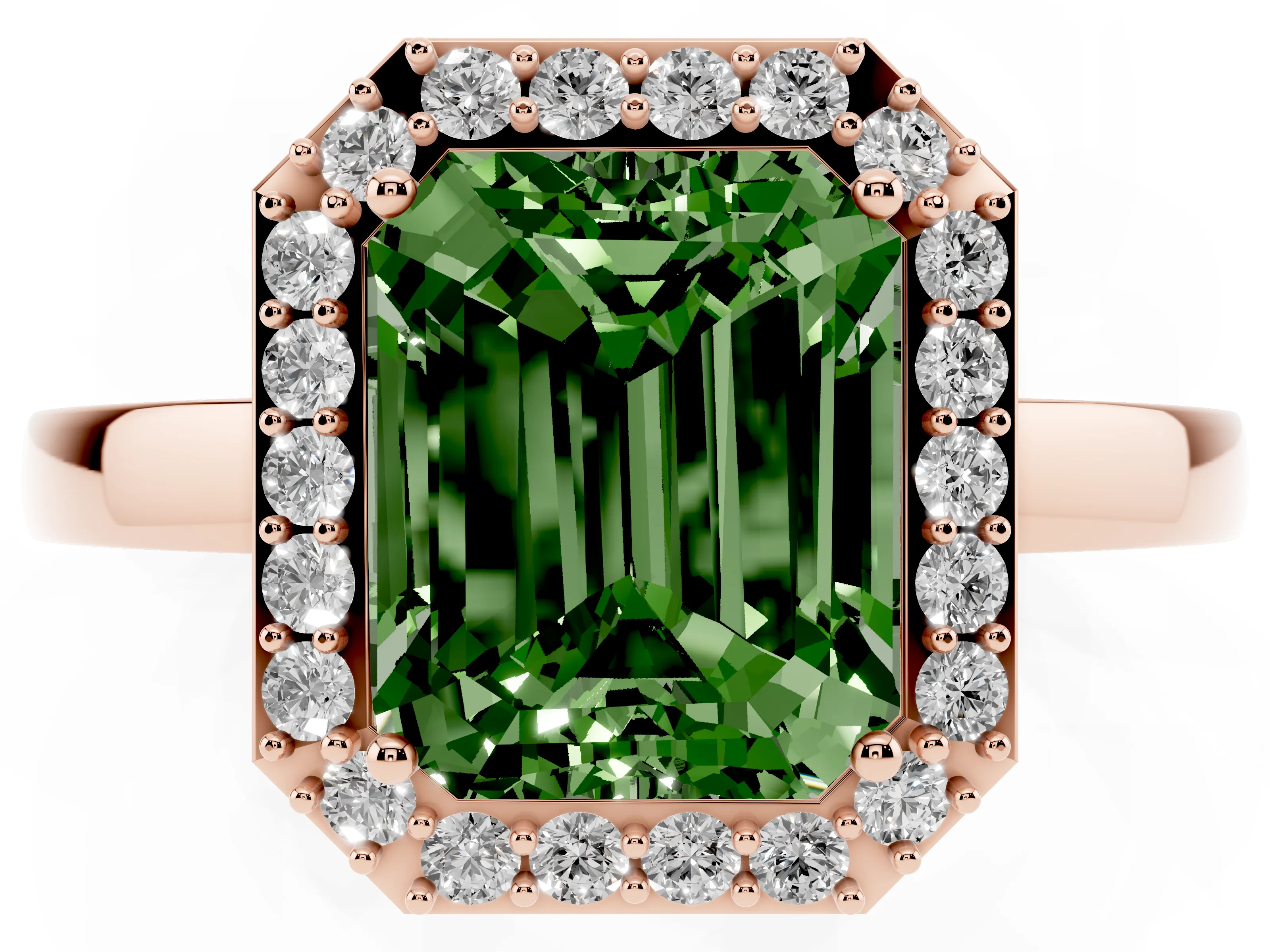 Fancy Green Radiant Cut Diamond Halo Ring Set in Rose gold with Solitaire Band and Prong Setting