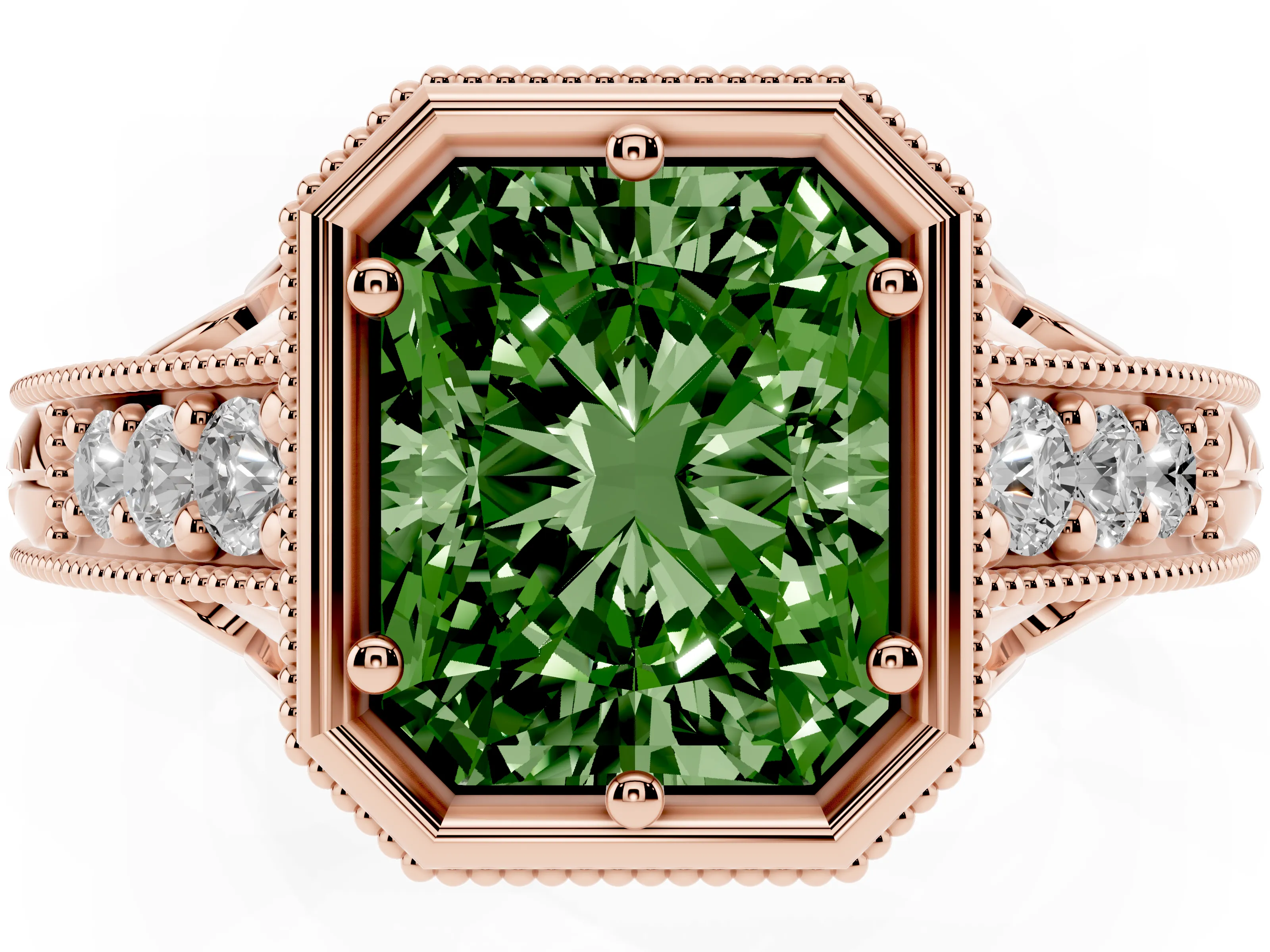 Fancy Green Bezel Set Radiant Cut Diamond Milgrain Pavé Engagement Ring Set in Rose gold