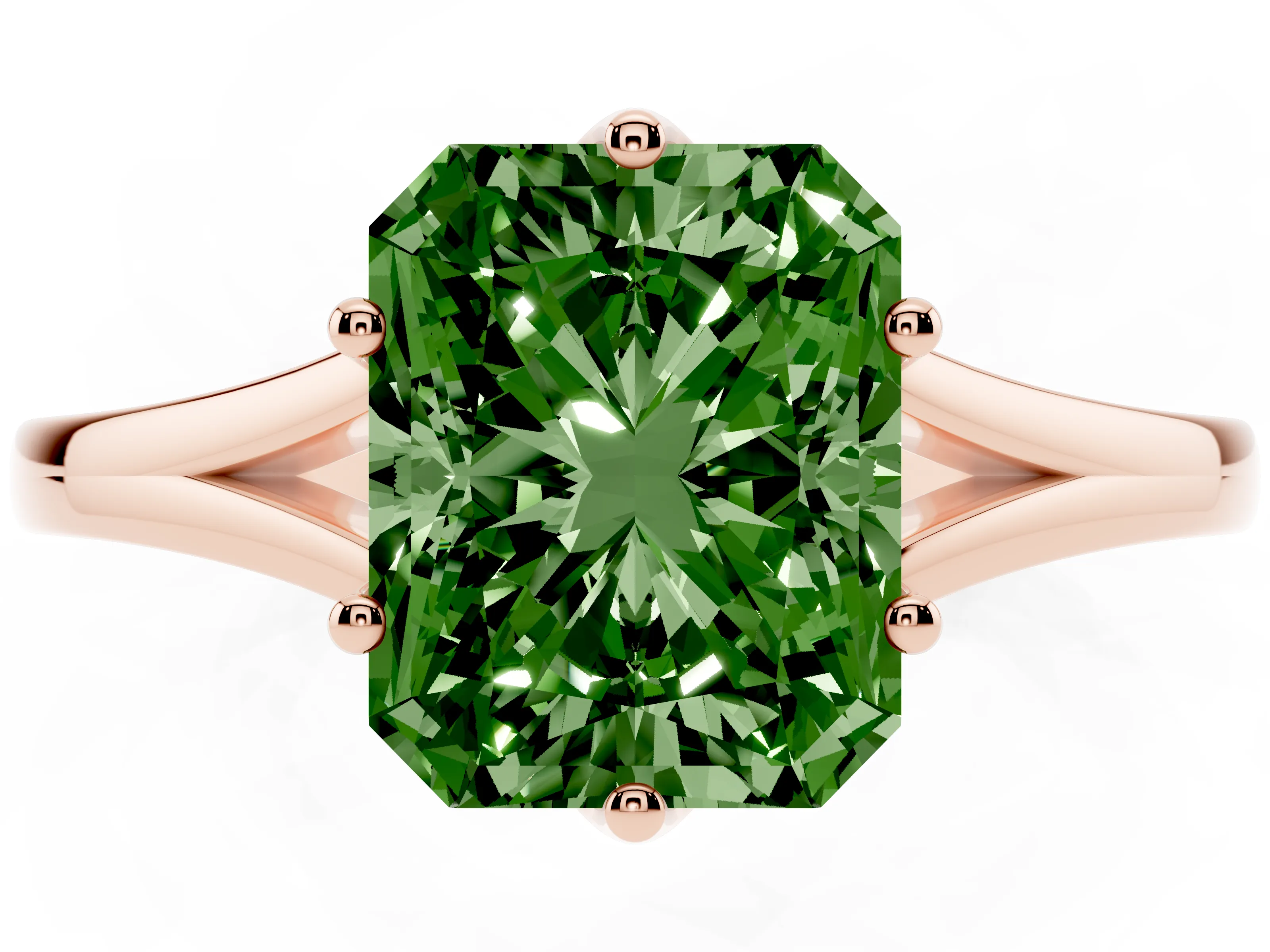 Fancy Green Radiant Cut Diamond Solitaire Ring Set in Rose gold with Polished Tapered Band and Prong Setting