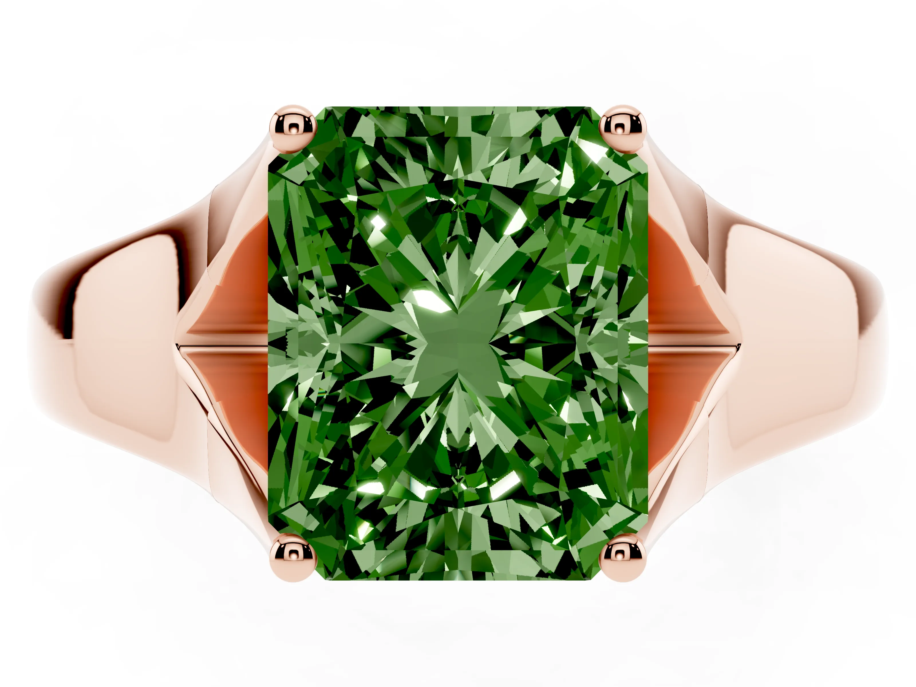 Fancy Green Radiant Cut Diamond Solitaire Ring Set in Rose gold with Arched Cathedral Band and Prong Setting
