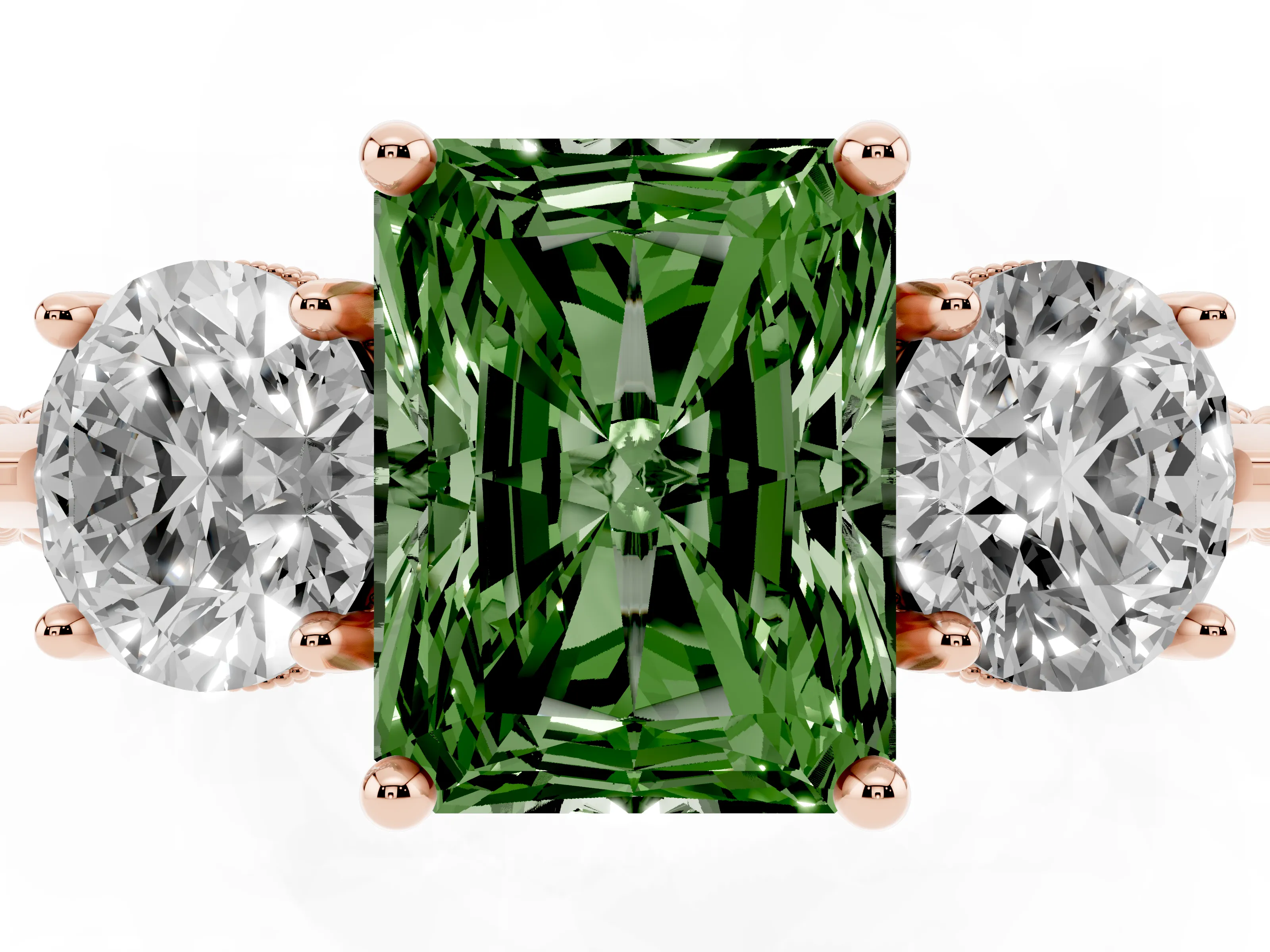 Radiant Cut Vintage Three Stone Engagement Ring Setting for a Fancy Green Lab-Grown Diamond | Milgrain Band | Rose Gold