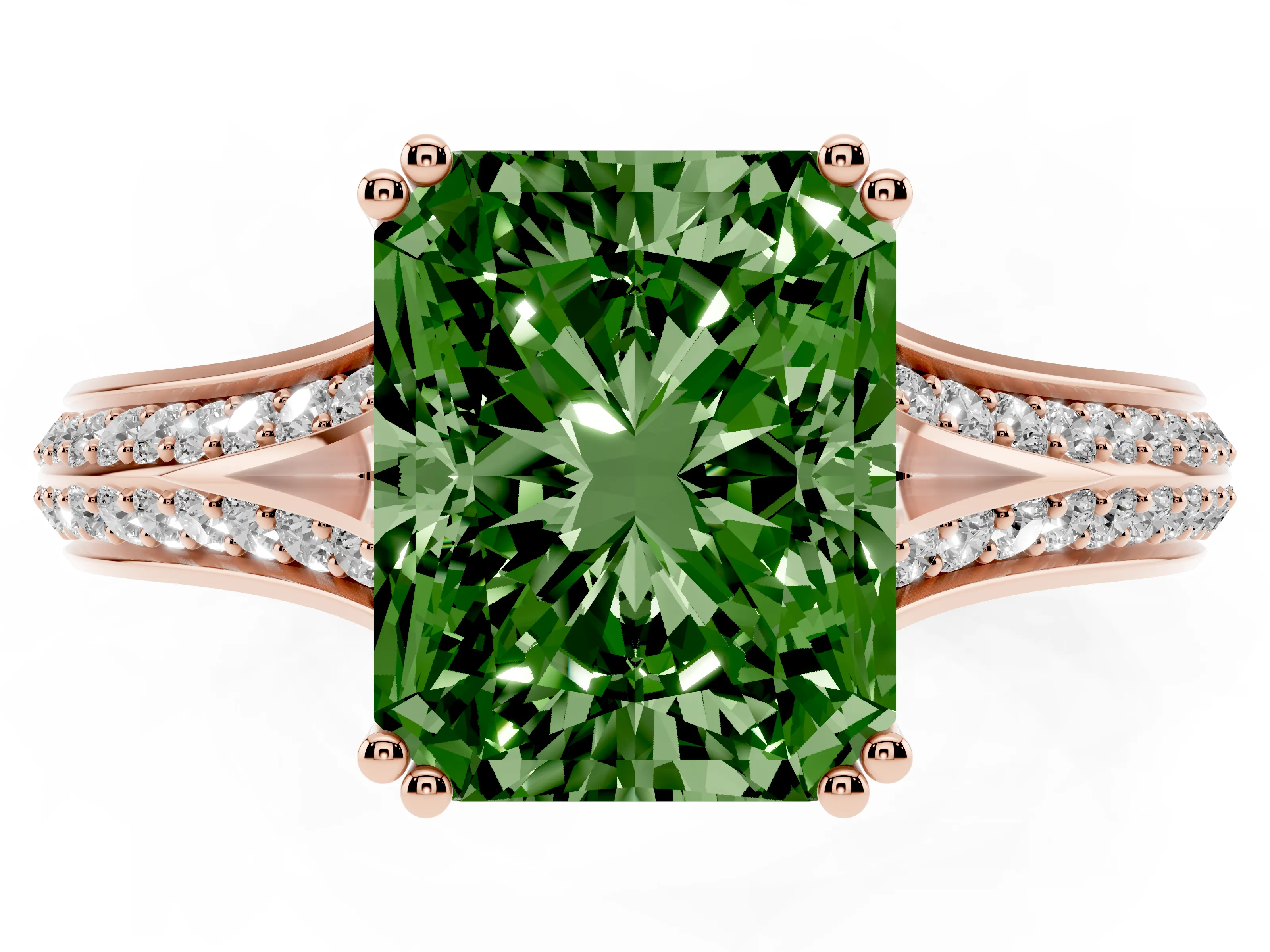 Fancy Green Radiant Cut Diamond Split Shank Pavé Engagement Ring Set in Rose gold with Prong-Set Center Stone