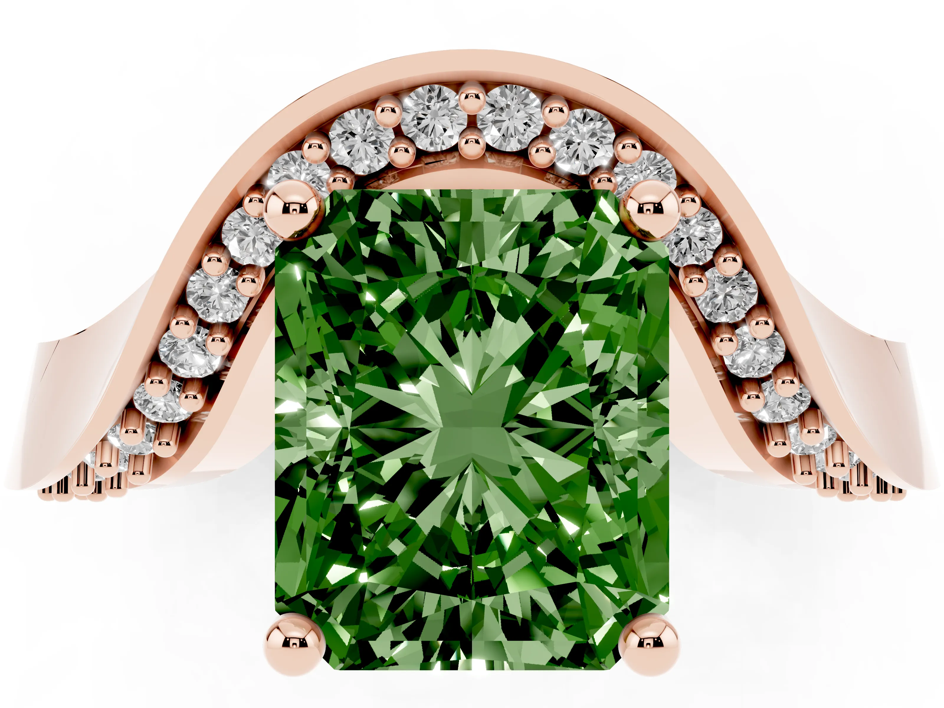 Fancy Green Radiant Cut Diamond Solitaire Engagement Ring Set in Rose gold with Pavé Shoulders