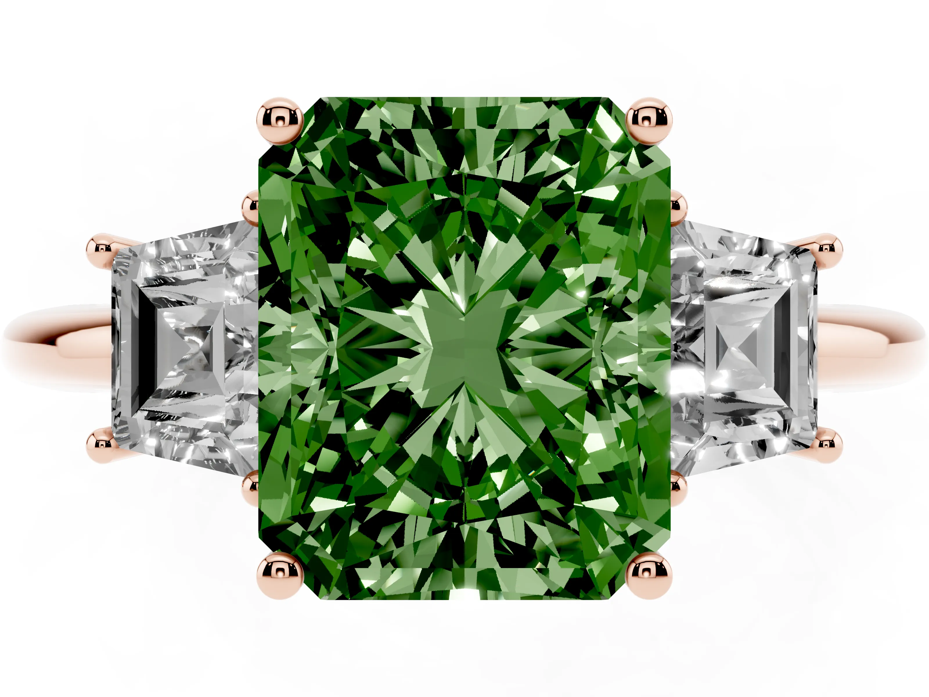 Fancy Green Radiant Cut Diamond Three-Stone Ring Set in Rose gold with Trapezoid Side Stones and Prong Setting