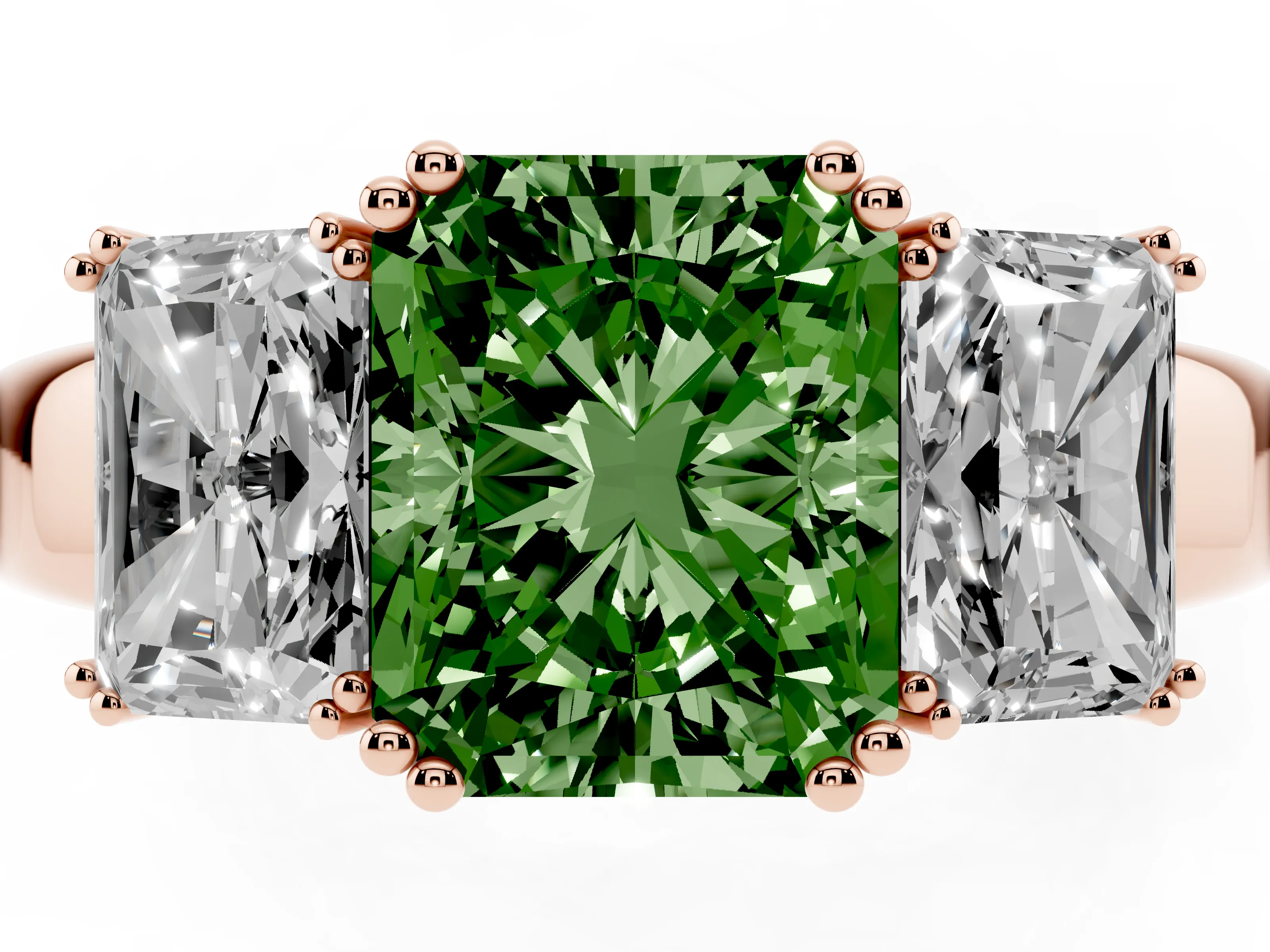 Fancy Green Radiant Cut Diamond Three-Stone Ring Set in Rose gold with Polished Channel-Set Band