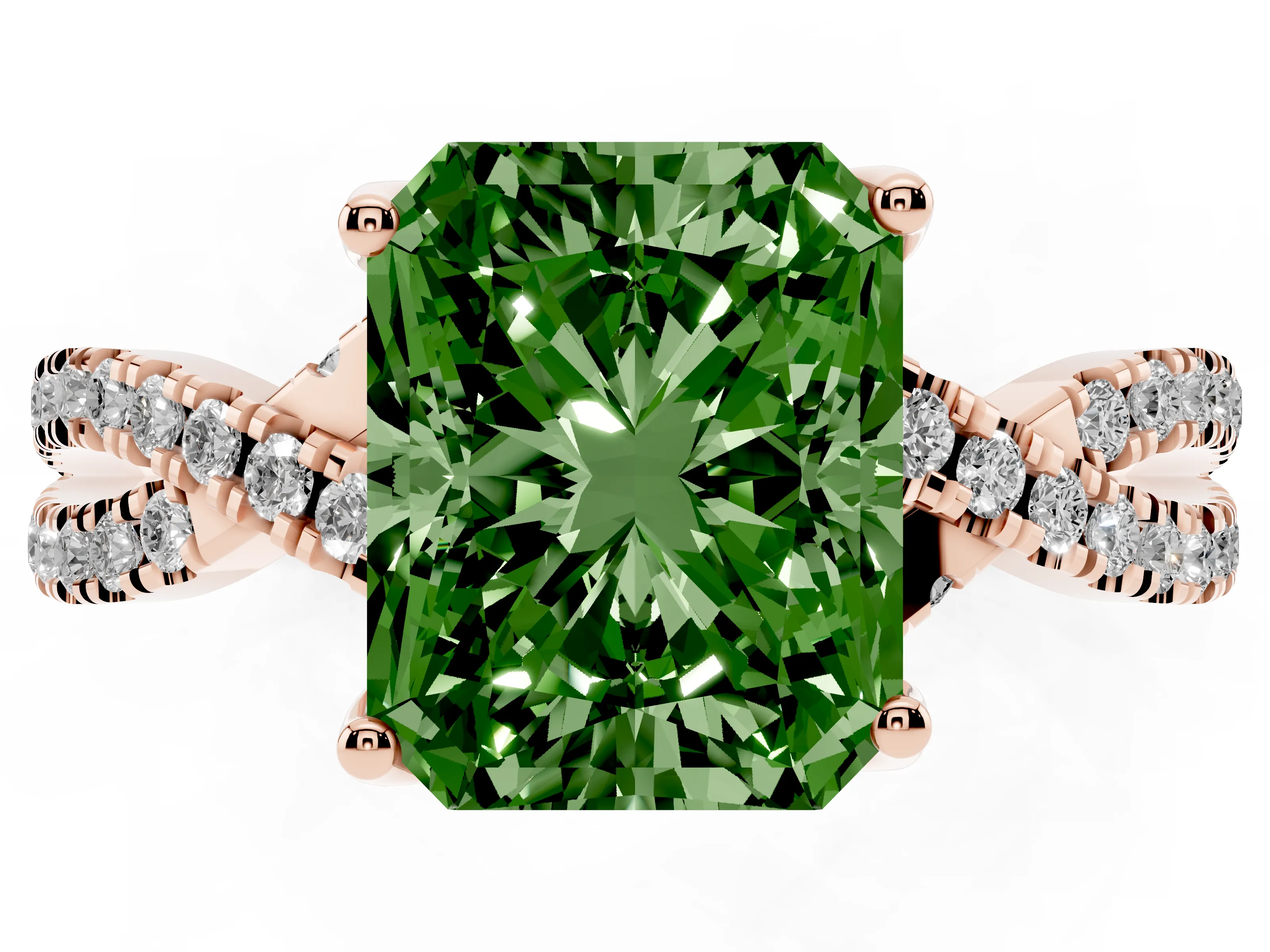 Fancy Green Radiant Cut Diamond Twist Pavé Solitaire Engagement Ring Set in Rose gold with Prong Setting