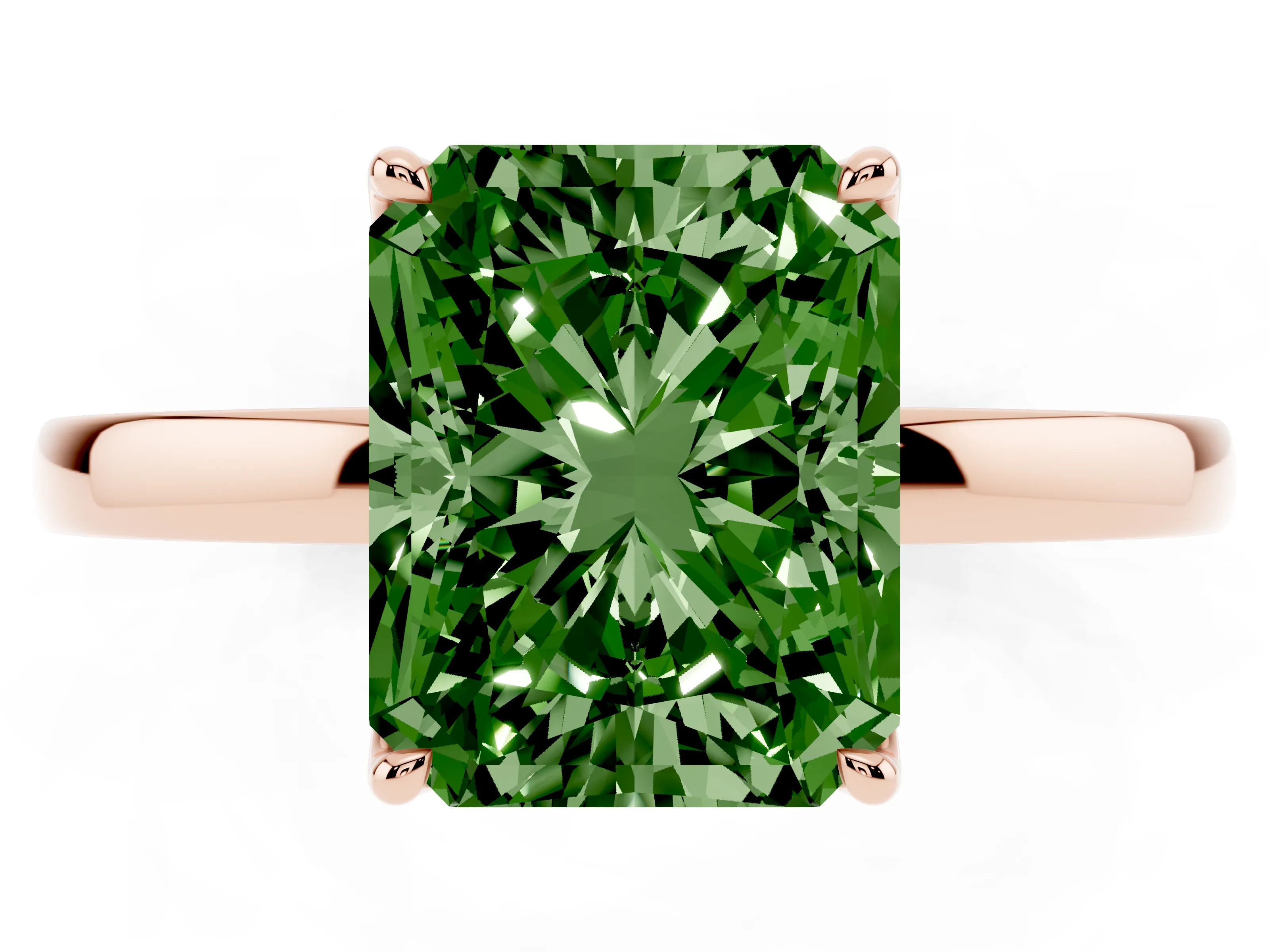 Fancy Green Radiant Cut Diamond Solitaire Ring Set in Rose gold with Prong Setting and Thin Polished Band